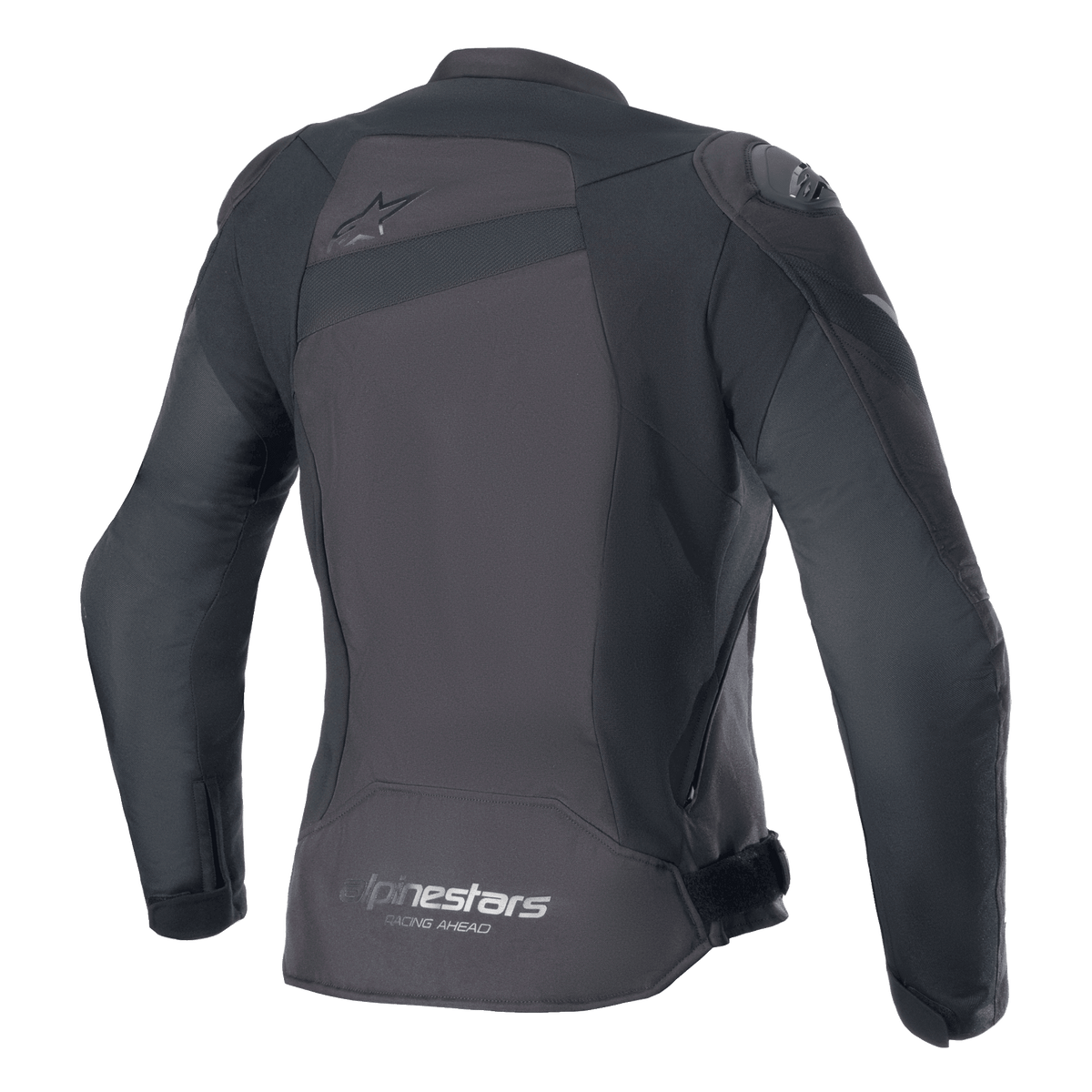 Alpinestars Stella T-GP Plus R V4 Jacke, Textil-Motorradjacke für Damen, Schwarz/Schwarz, Rückansicht mit einem tonalen Astar-Logo auf dem oberen Rücken und 'alpinestars RACING AHEAD' Branding am unteren Saum, schlanke Sport-Passform mit sichtbaren Schutzeinsätzen.