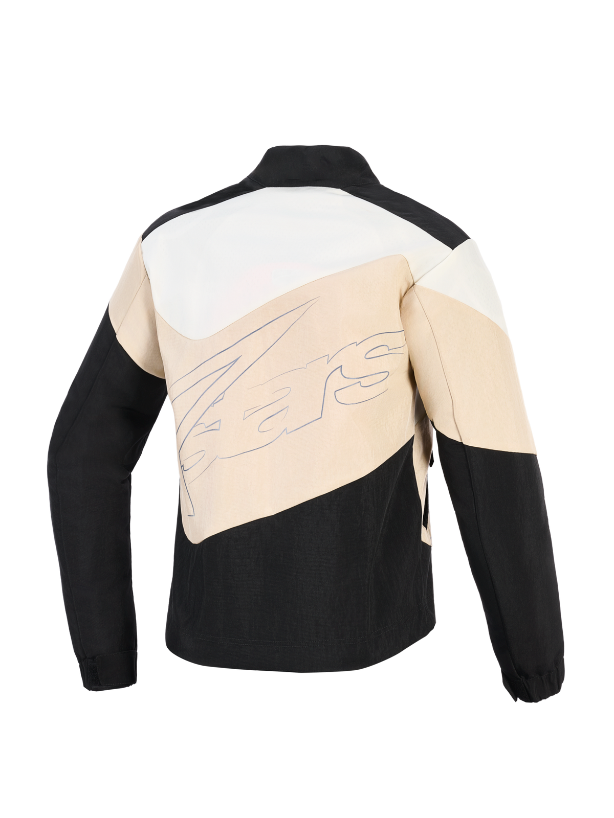 Alpinestars Stella Moshell Jacket, urban motorjas voor dames, Black Sand en Off White, achteraanzicht met asymmetrische kleurvlakken en een groot script-merklogo over het midden.