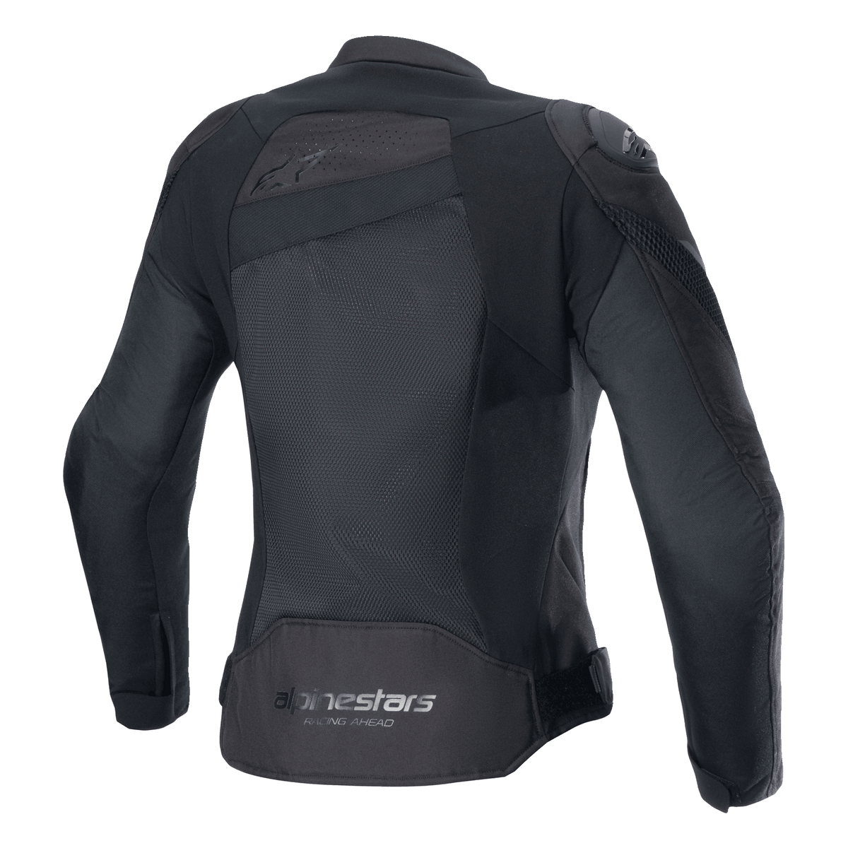 Alpinestars Stella T-GP Plus R V4 Airflow Jacke, Schwarz, Rückansicht mit großen Mesh-Einsätzen für maximale Belüftung, 'Alpinestars Racing Ahead' Branding am unteren Rücken, Sport-Textilmotorradjacke für Damen