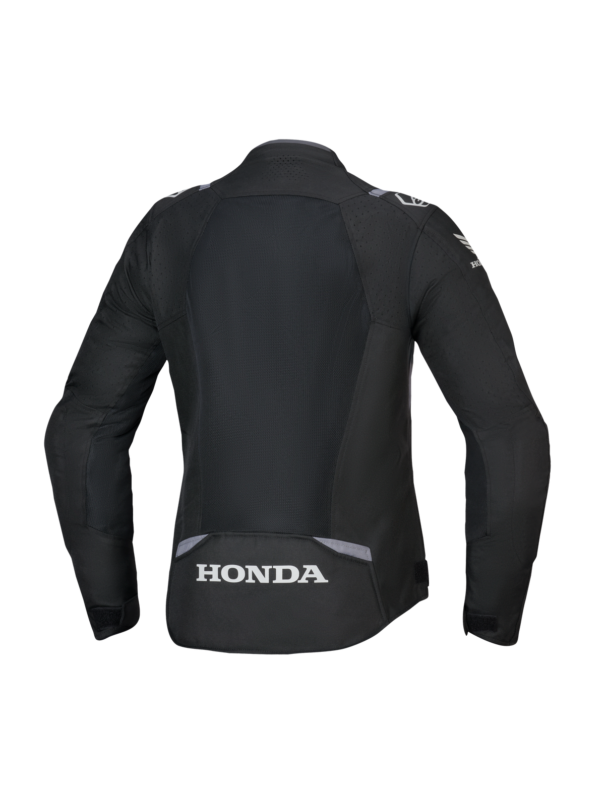 Veste Alpinestars Honda Stella T-SPS Air V2 pour femme, vue arrière, noir avec des accents gris foncé et gris glacé, dotée d'un grand panneau arrière en maille technique et d'un logo Honda blanc sur le bas du dos, coupe spécifique aux femmes orientée performance.