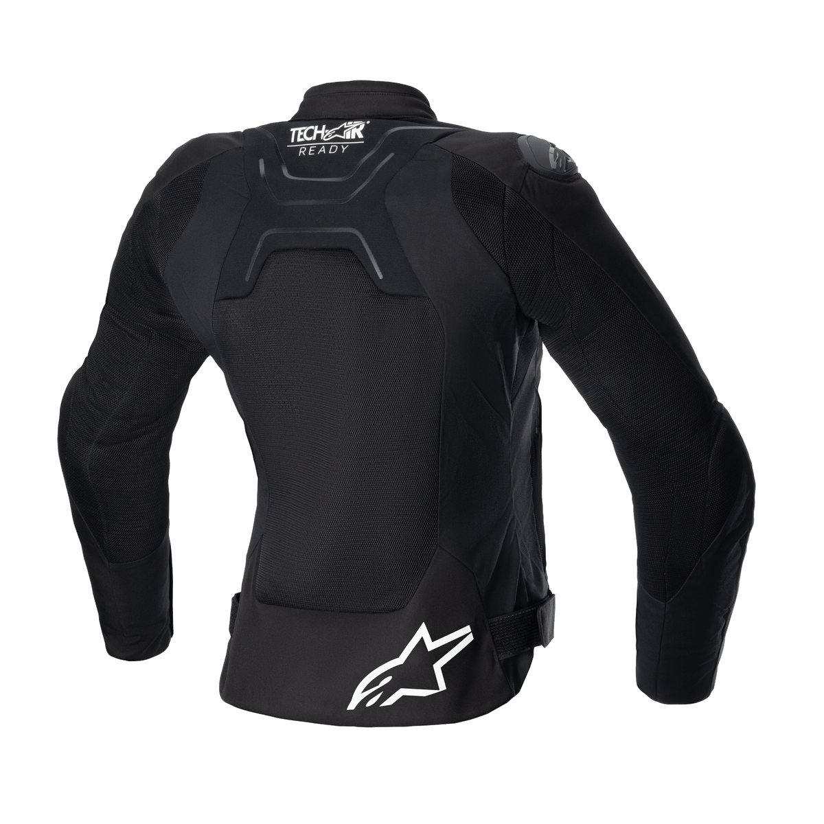 Alpinestars Stella SMX Air Damenjacke, Rückansicht, Schwarz, mit Mesh-Rückeneinsätzen für Luftzirkulation, Tech-Air Ready-Branding am oberen Rücken, weißes Alpinestars-Sternlogo am unteren Rücken, Taillenverstellriemen, Street-Sport-Textilmotorradjacke