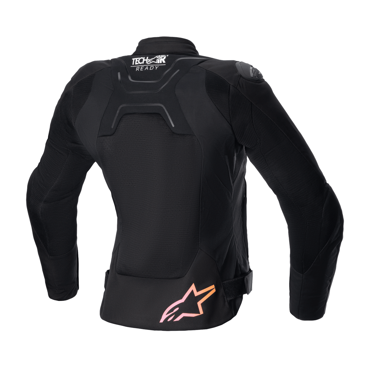 Alpinestars Stella SMX Air Damenjacke, Rückansicht, Schwarz mit Mesh-Einsätzen, mit „Tech-Air Ready“-Logo oben am Rücken und Stern-Logo mit Farbverlauf von Pink zu Orange unten, schützende Straßensport-Motorradjacke