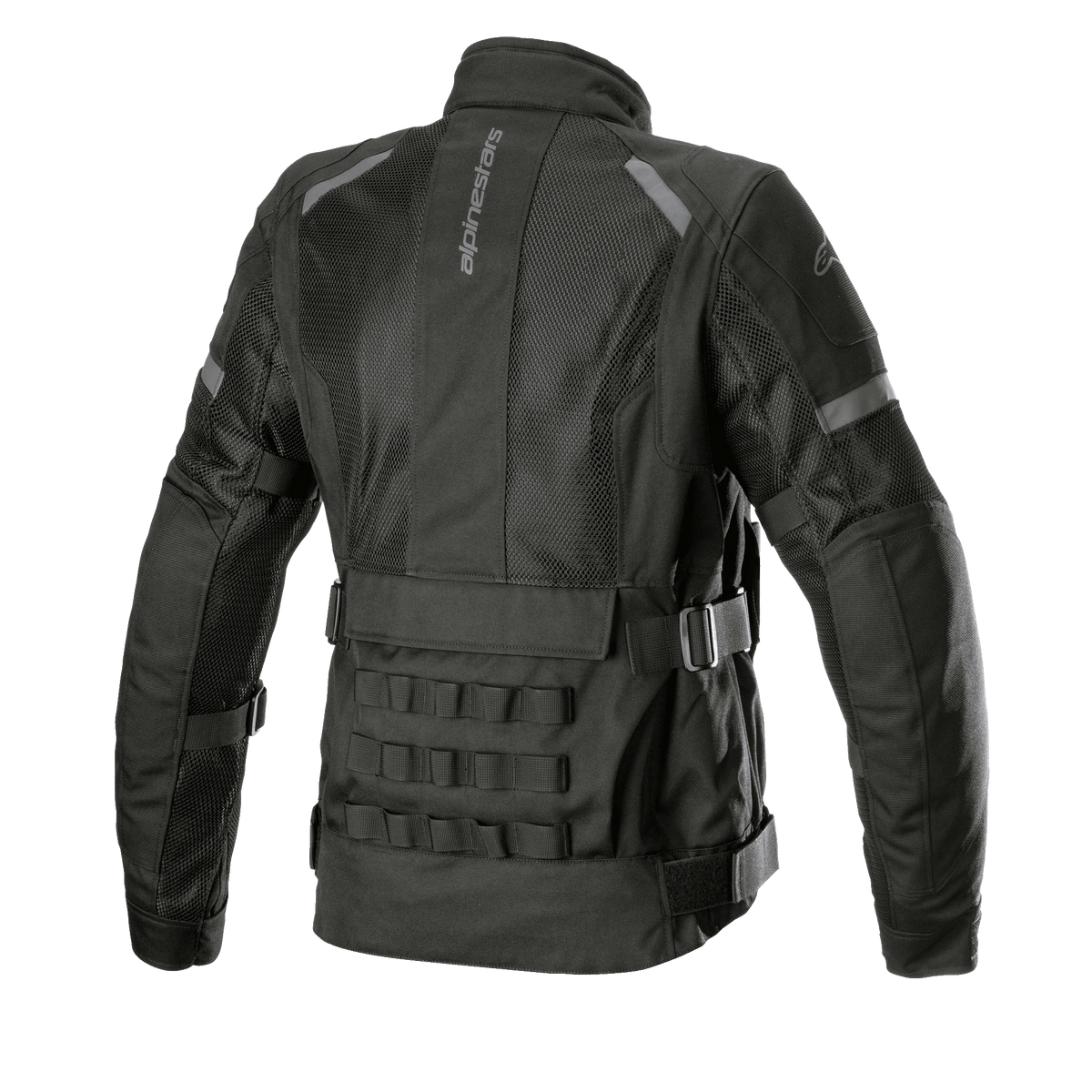 Alpinestars Stella Crosshill WP Air Damenjacke, Motorrad-Tourenjacke, Schwarz, Rückansicht mit großen Mesh-Einsätzen für Luftzirkulation, militärisch inspiriertem modularem PALS-Gurtband am unteren Rücken und verstellbaren Riemen zur Volumenregulierung an Taille und Armen.