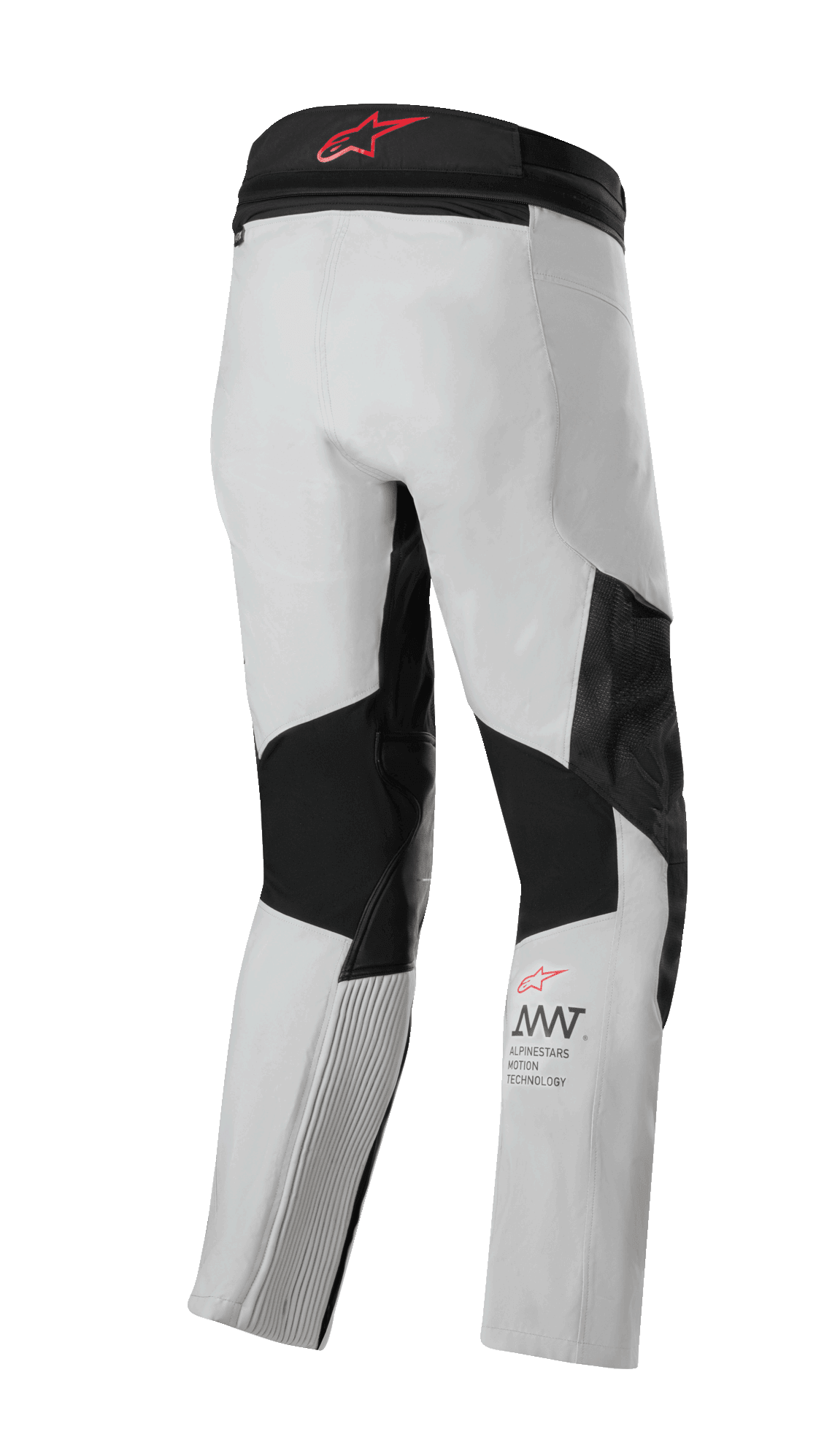 Alpinestars AMT 7 Air Pants, Motorcycle Pants, Tan and Dark Shadow, rear view featuring black stretch panels and ventilation inserts, red logo on the waistband, and AMT branding on the lower leg, technical adventure touring gear