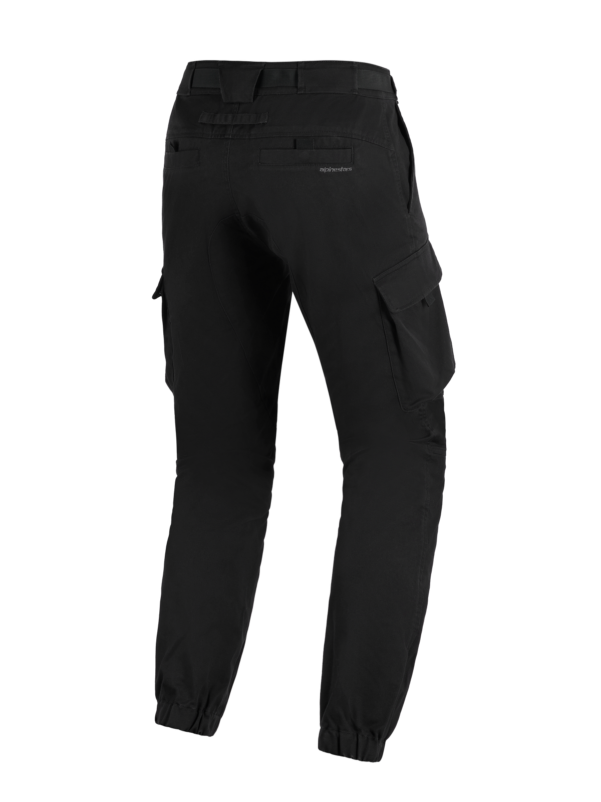 Alpinestars Flex-AST Cargo Pants - Short, zwart, achteraanzicht van stedelijke motorbroek met een taps toelopende pasvorm, elastische enkelsluitingen, cargozakken aan de zijkant en subtiele branding op de achterzak.