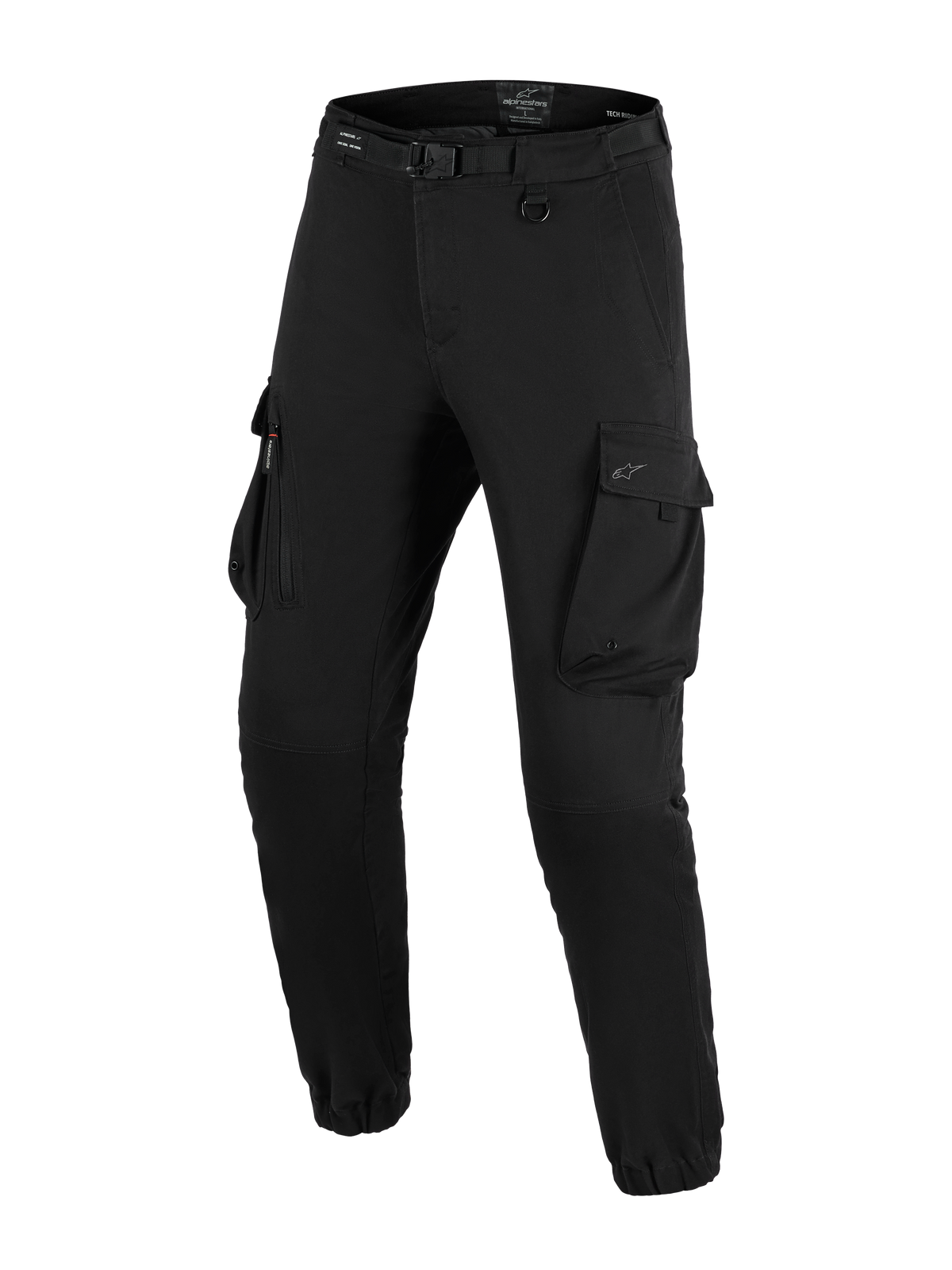 Alpinestars Flex-AST Cargo Broek - Short, stedelijke motorbroek, zwart, regular tapered fit met elastische zomen, voorzien van geïntegreerde riem met gesp, D-ring en grote cargozakken aan de zijkant.