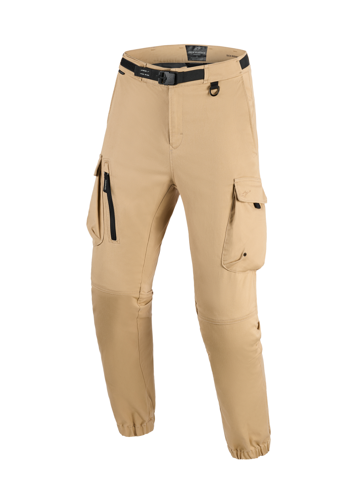 Alpinestars Flex-AST Cargo-Hose, Hellbeige, technische Urban-Motorradhose mit integriertem schwarzem Gürtel und Schnalle, großen Cargotaschen mit Reißverschluss- und Klappendetails, D-Ring und elastischen Säumen, moderner robuster Stil zum Fahren.
