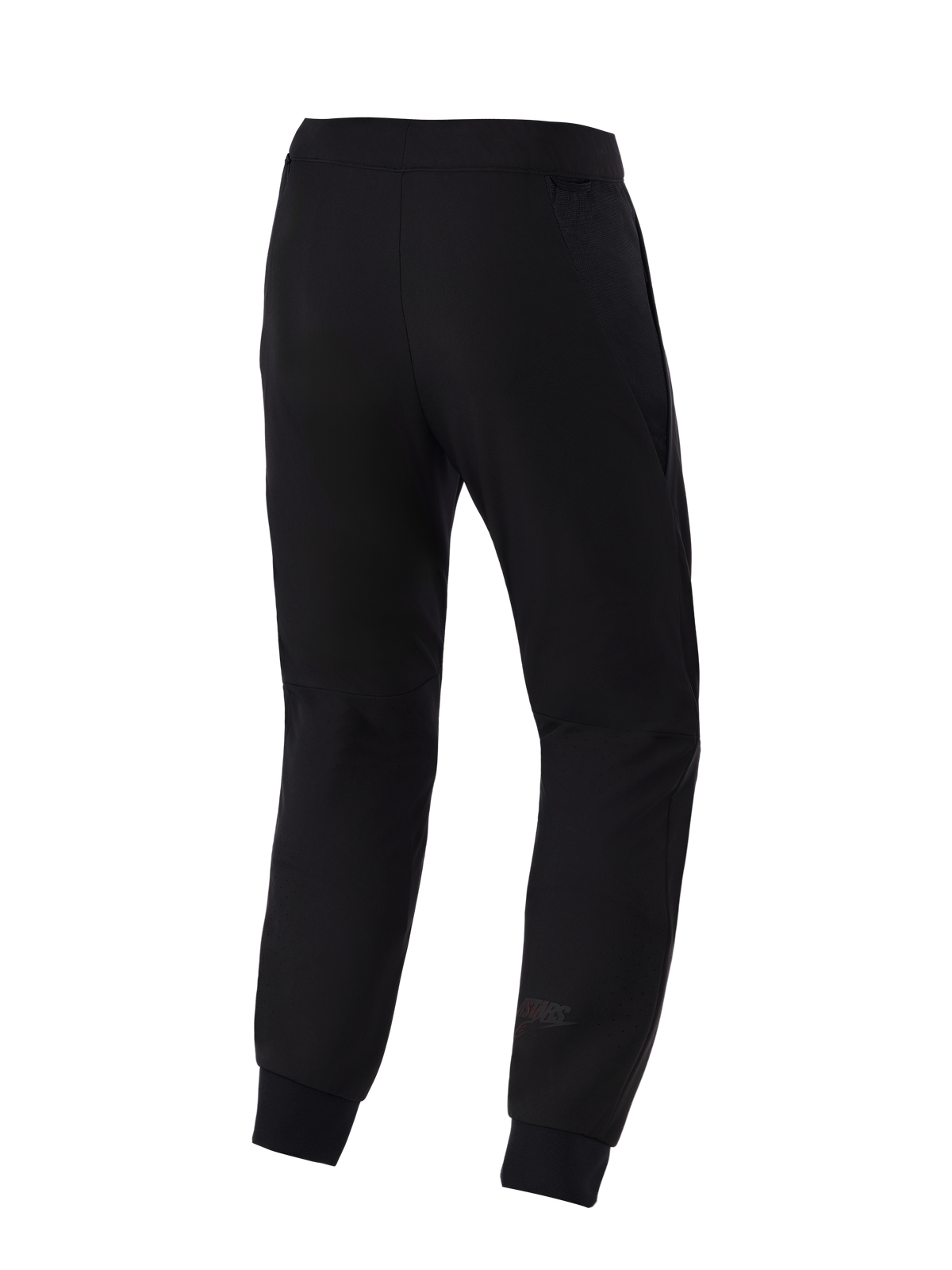 Alpinestars Aeroshell Airflow Hose, Motorradhose, Schwarz, Rückansicht mit einem leichten Stretch-Softshell-Chassis, integrierten 2D-Mesh-Einsätzen für Atmungsaktivität, laserperforierten Wadenbereichen und einem dezenten Astars-Logo am Unterschenkel.