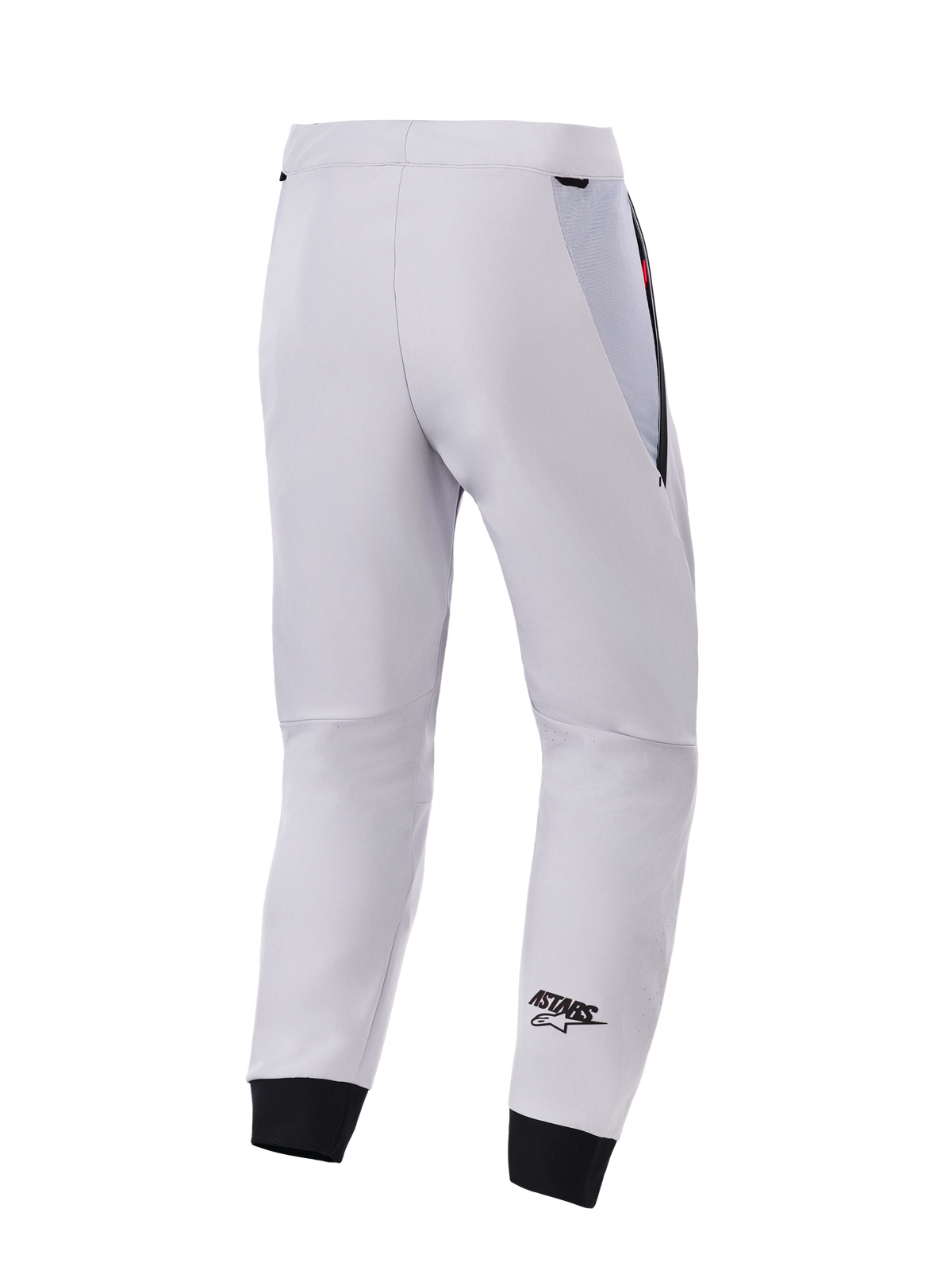 Pantalon Alpinestars Aeroshell Airflow, vue arrière, gris moyen, pantalon de moto technique en softshell, doté de panneaux de hanche en maille noire et de chevilles élastiquées, logo ASTARS noir sur le bas de la jambe, design sportif léger et ventilé