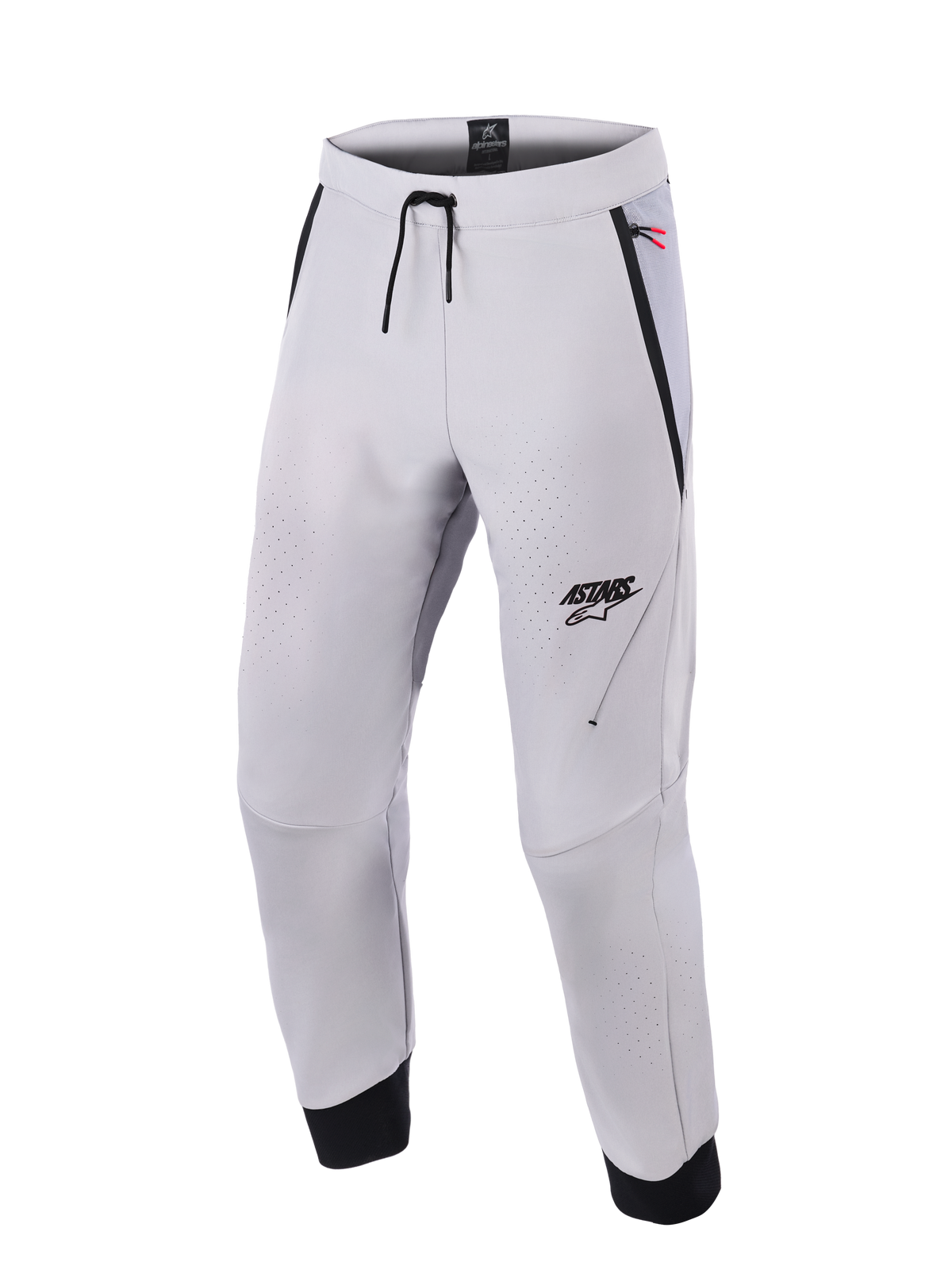 Alpinestars Aeroshell Airflow Pants, pantalon de moto gris moyen, doté de zones de ventilation perforées au laser, logo ASTARS sur la cuisse gauche, taille à cordon de serrage et poignets de cheville noirs, design softshell technique pour la conduite sportive et urbaine