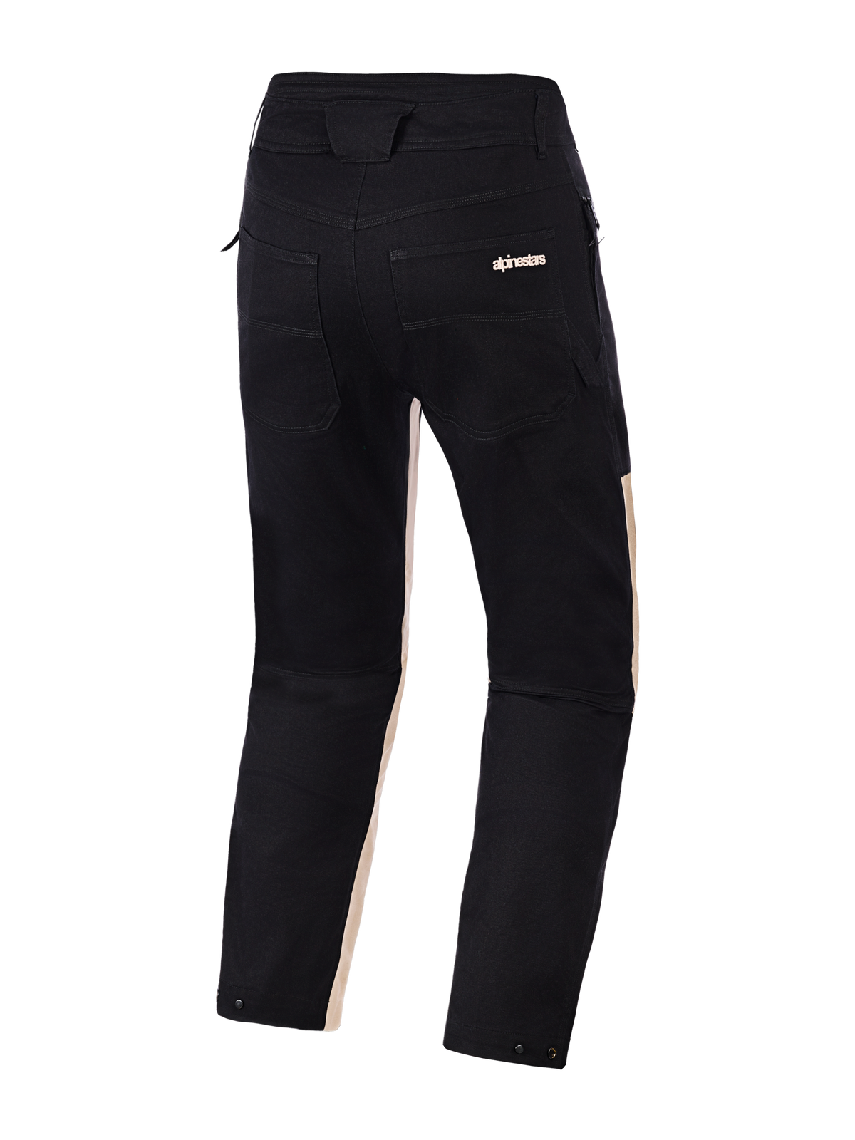 Pantalon Alpinestars Flex-AST Canvas, vue de dos, Black Aluminum, en sergé de polycoton noir avec des touches beige clair à l'intérieur des jambes, deux poches arrière avec logo Alpinestars et boutons-pression de réglage au bas des jambes, pantalon de moto urbain au design inspiré du style workwear.