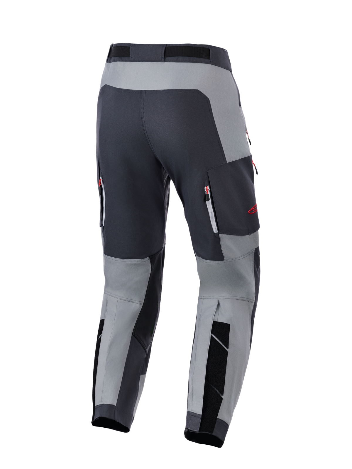 Alpinestars Maxdura Dual Pants, adventure motorbroek, donkergrijs en diepgrijs, achteraanzicht met versterkt zitvlak en ventilatiezakken met rits en rode accenten, ontworpen voor dual-sport prestaties.