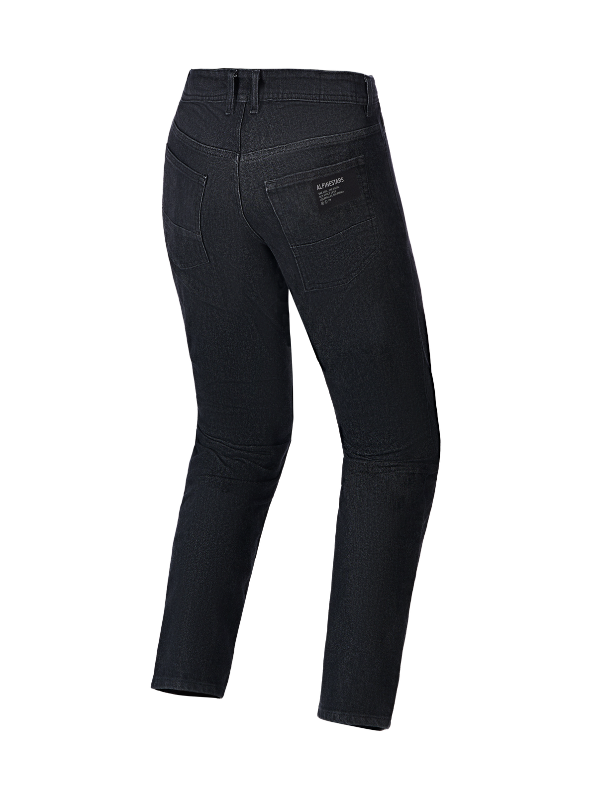 Alpinestars Flex-AST 5 Denim Hose, Motorradjeans, Black Washed, Rückansicht mit Gesäßtaschen und Alpinestars Logo-Aufnäher, einlagige Stretch-Denim-Konstruktion mit regulärer konischer Passform