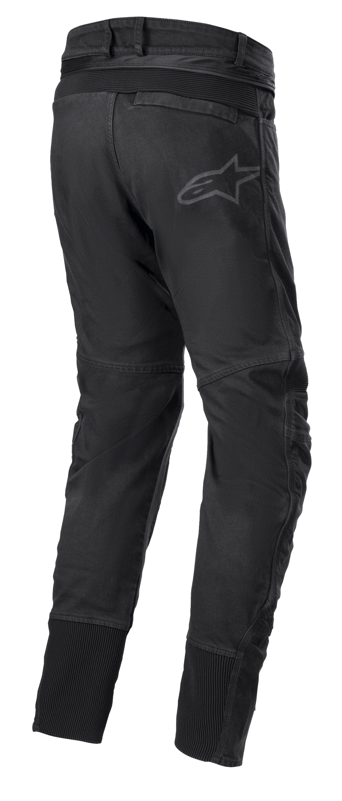 Pantalon Alpinestars SP Pro, pantalon de sport moto technique noir, vue arrière montrant la fermeture éclair de connexion à la taille, inserts extensibles RIDEKNIT sur l'empiècement arrière et les mollets, logo discret.