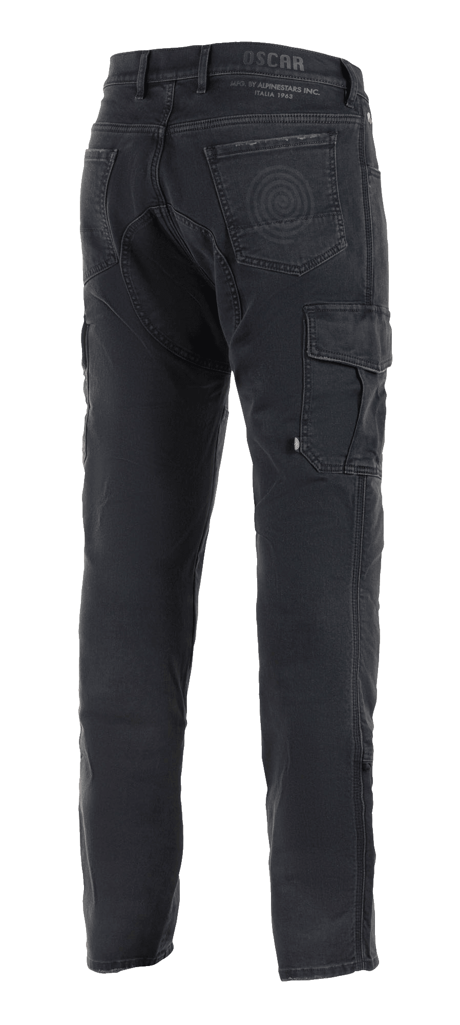 Alpinestars Barton Riding Cargo Pants, zwarte motorbroek, achteraanzicht met cargozak aan de zijkant, achterzakken met spiraallogo detail, Oscar by Alpinestars branding op de tailleband, casual gebreide stof in denimstijl