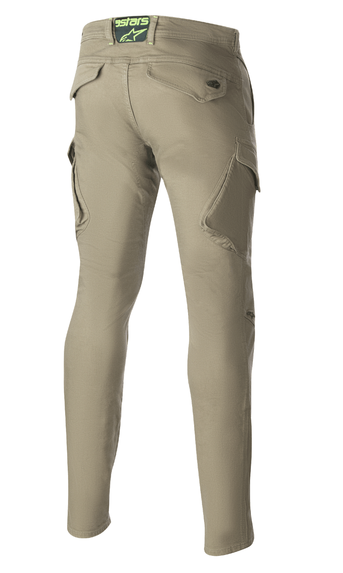 Pantalon de moto technique Alpinestars Caliber Slim Fit, vert militaire, vue de dos montrant les poches cargo inclinées et une silhouette ajustée, logo Astars sur l'arrière de la taille, pantalon de moto durable au style combat urbain