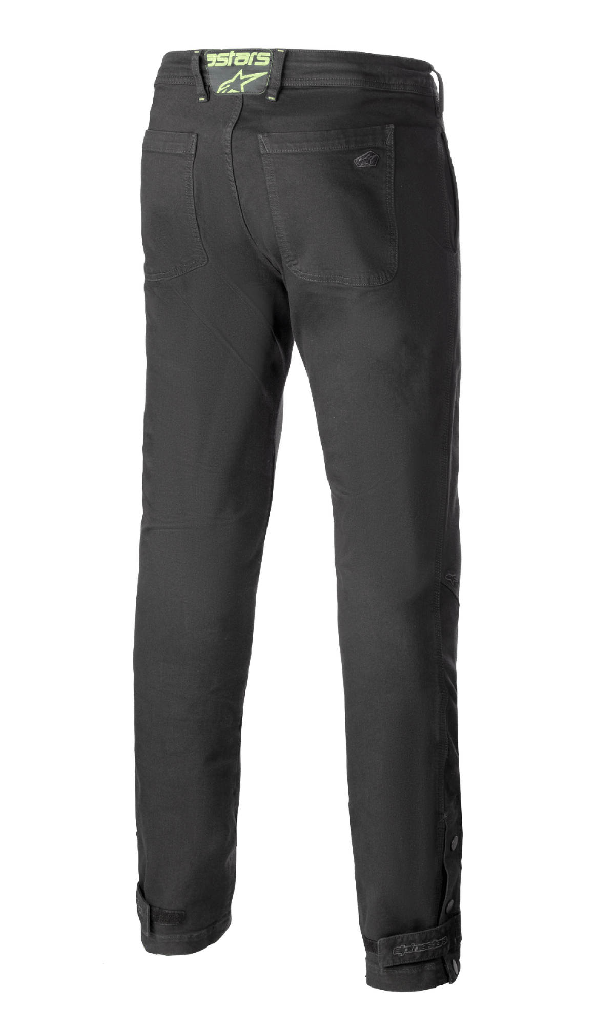 Alpinestars Stratos Regular Fit Tech Riding Pants, Motorradhose, Anthrazitgrau, Rückansicht mit konisch zulaufender Passform, Gesäßtaschen, neongrünes Alpinestars-Logo am Bund und verstellbare Wadenverschlüsse