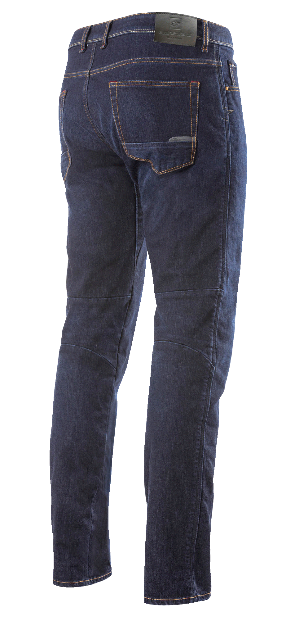 Alpinestars Radium Denim broek, donkerblauwe Cordura motorjeans voor heren, volledig achteraanzicht.