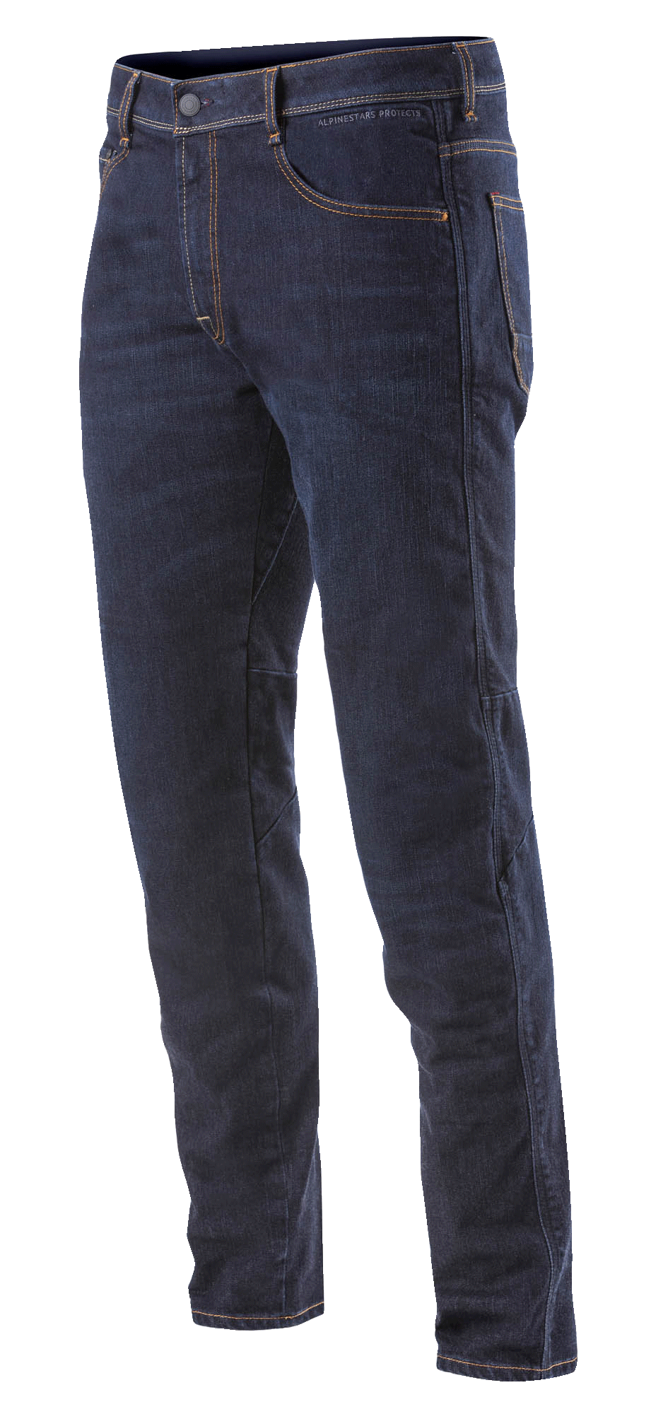 Alpinestars Radium Denim broek, heren motorjeans voor urban riding, donkerblauw, stretch Cordura denim, standaard pasvorm met Bio-Flex kniebescherming