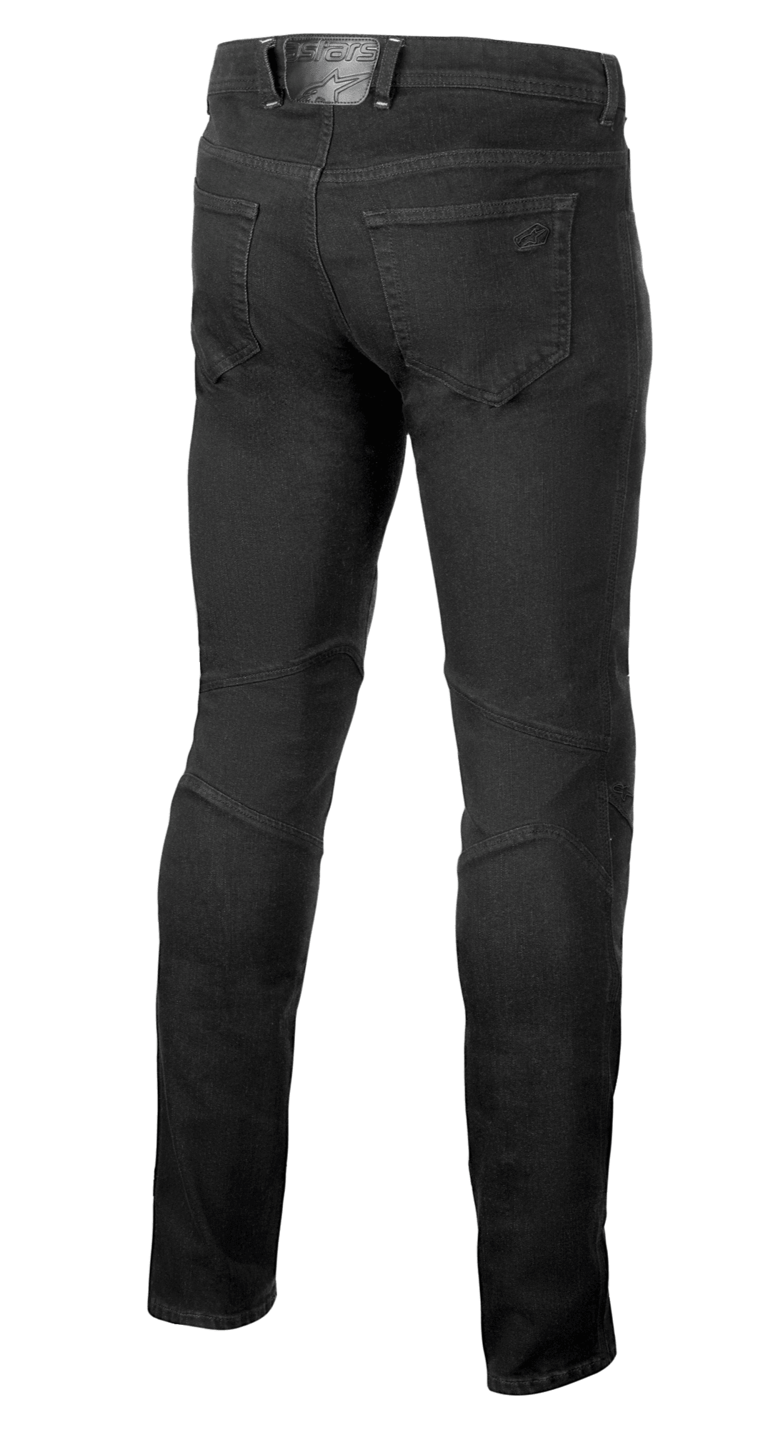 Alpinestars Radium V2 Denim broek, motorjeans, Black Rinse, achteraanzicht met five-pocket styling, tonale branding op de achterzak en patch op de tailleband, technische stiksels aan de achterkant van de knieën voor een taps toelopende pasvorm