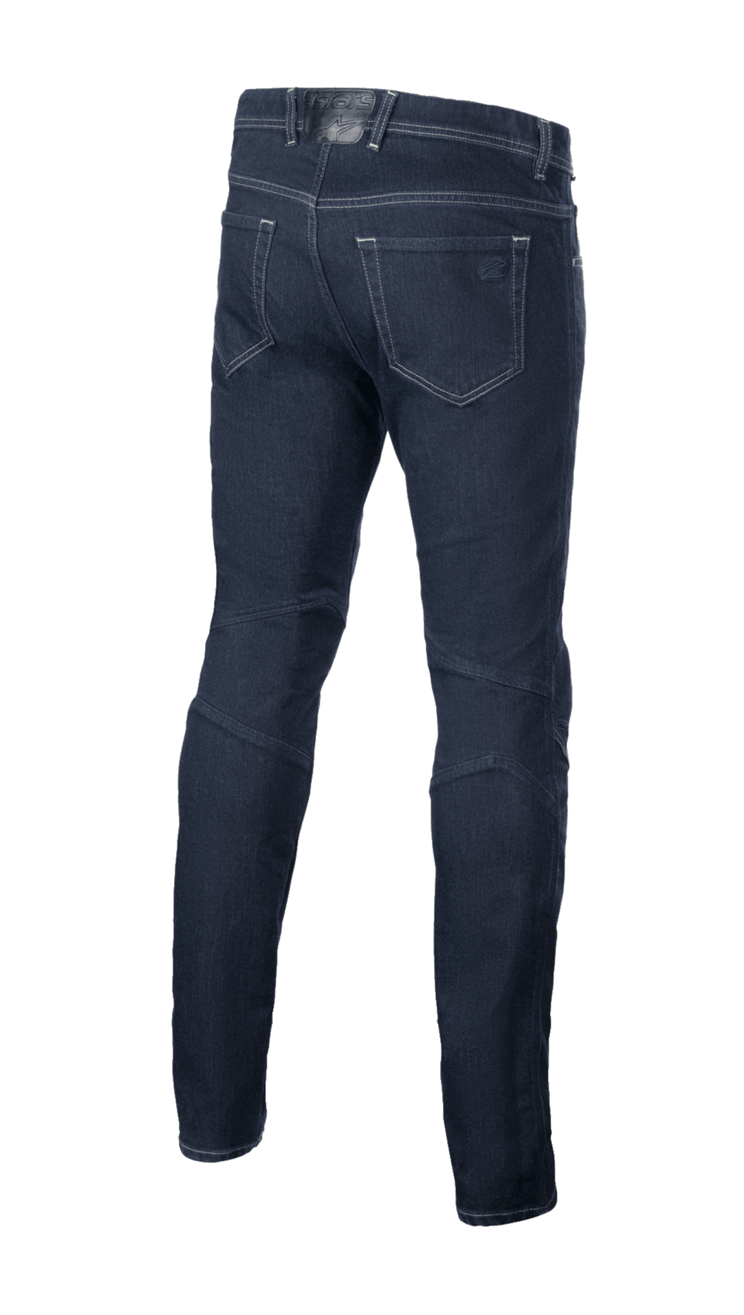 Alpinestars Radium V2 Denim broek, urban motorjeans, Rinse Blue, achteraanzicht met vijf-pocket design, taps toelopende pijp en donker denim materiaal met contraststiksels