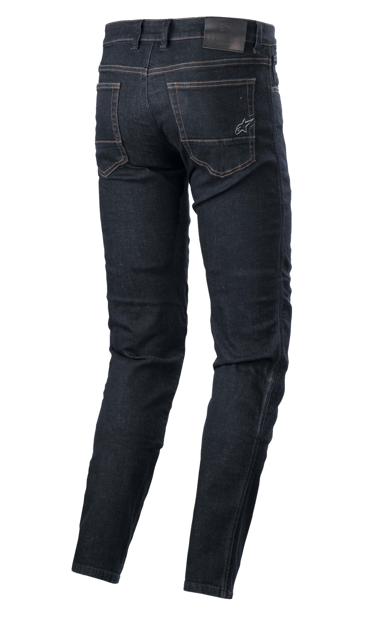 Alpinestars Sektor Regular Fit Denim, technische Motorradhose, Rinse Blue, Rückansicht mit Gesäßtaschen mit gesticktem Stern-Logo, Lederpatch am Bund und Dreifachnähten, urbane Motorradbekleidung