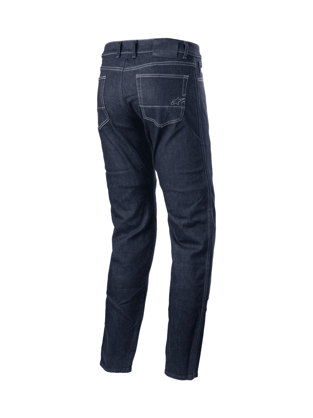 Alpinestars Pantalon Denim Sektor Coupe Standard, jeans de moto urbain noir avec surpiqûres triples et renforts, vue de dos montrant les poches et le logo