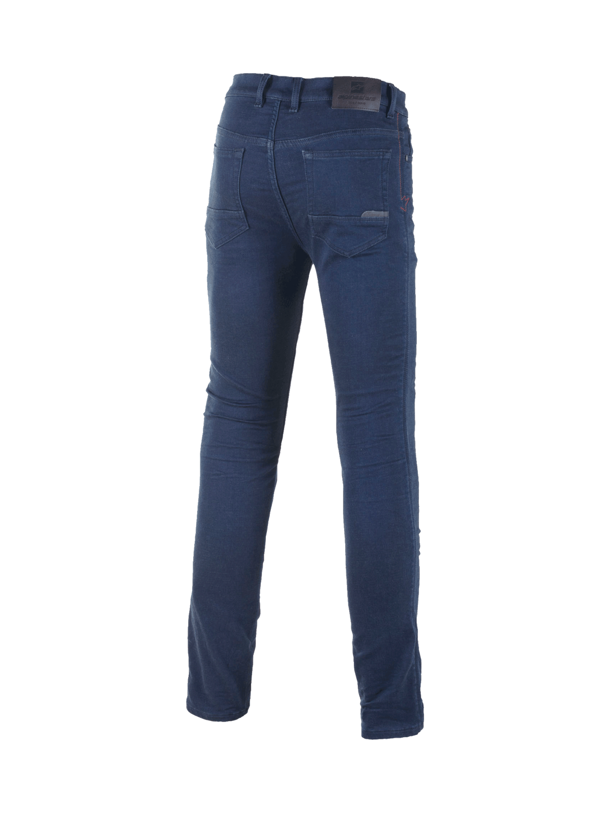 Alpinestars Cerium Tech Stretch Motorrad-Jeans, schmale Passform, Rückansicht in Blau, Urban Road Riding, CE-zertifiziert, klassisches Five-Pocket-Design mit Logo-Patch am Bund.