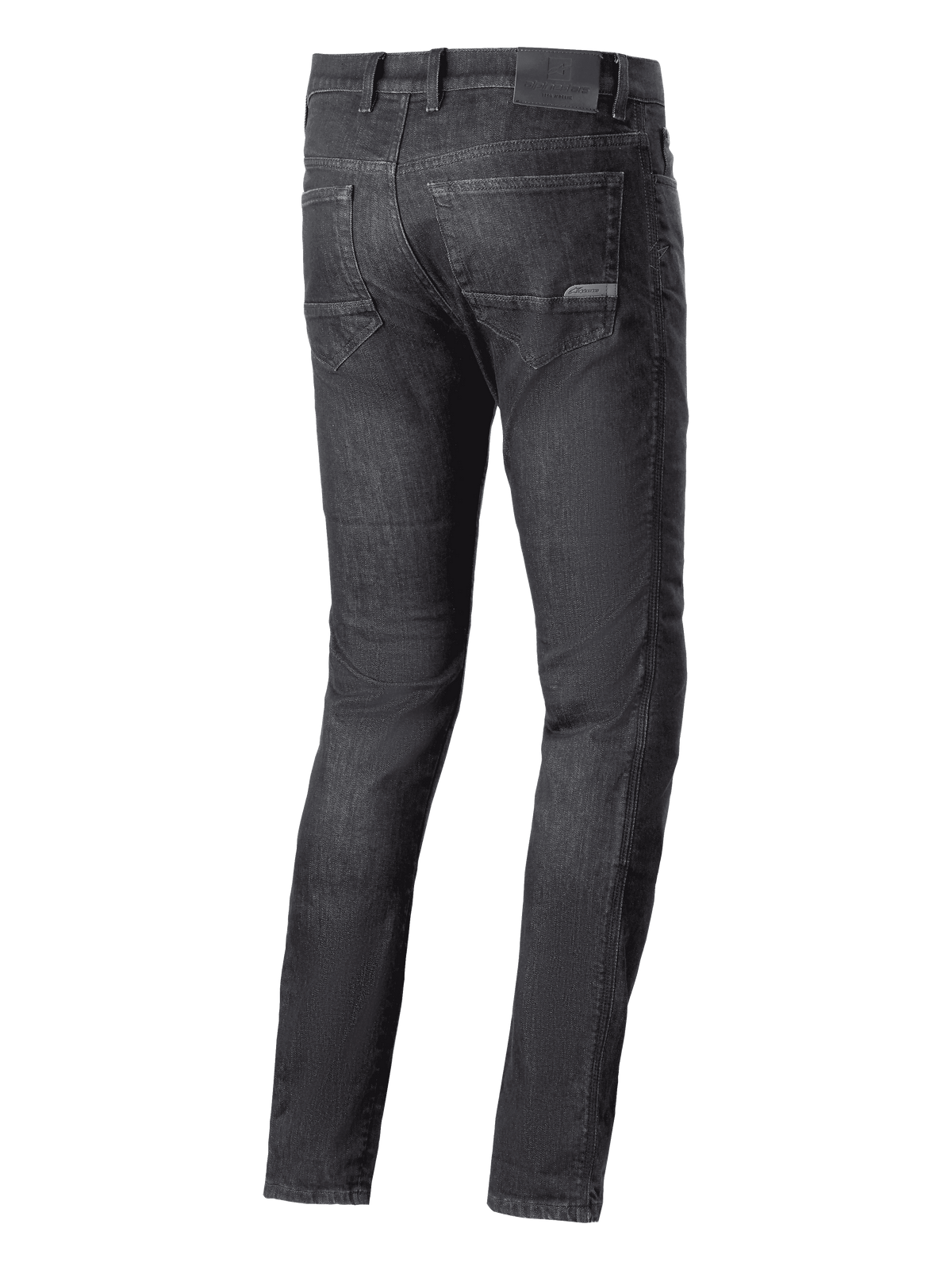 Alpinestars Cerium Denim Tech Riding Pants, jean de moto, noir délavé, vue arrière avec poches et écusson logo sur la ceinture, style urbain décontracté