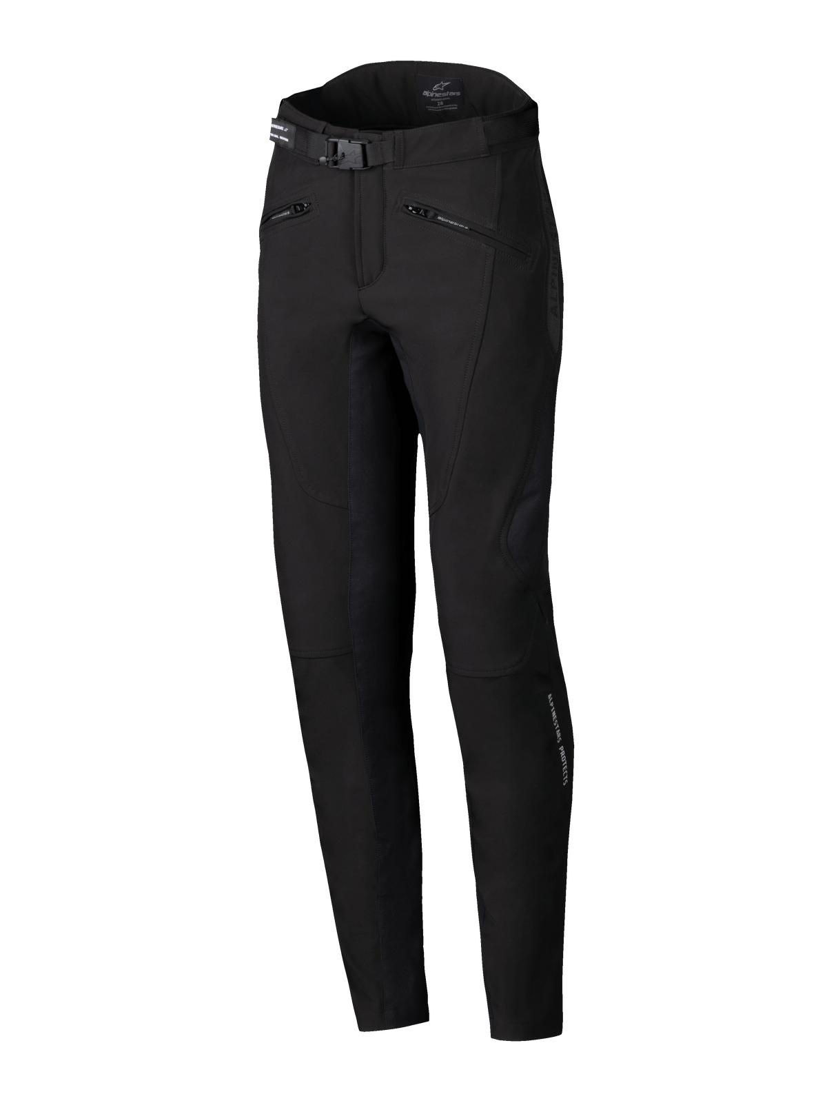 Alpinestars Alamosa Damenhose, urbane Motorradhose, Schwarz, schmale Performance-Passform, mit Taillengürtel und Schnalle, Reißverschlusstaschen und ergonomischem technischem Stretch-Softshell-Gewebe, minimalistisches von Streetwear inspiriertes Design