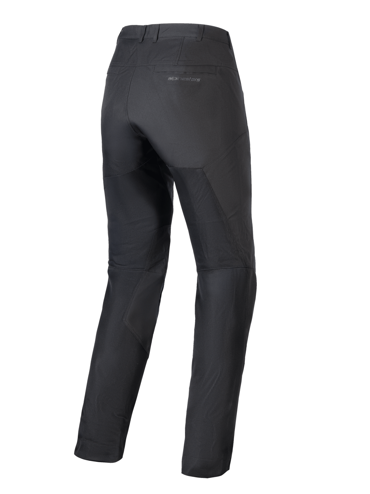 Alpinestars Stella C-1 Air Pants, pantalon de moto noir pour femme, vue arrière, montrant de larges panneaux en mesh technique sur les jambes pour la circulation de l'air, design urbain épuré avec logo discret sur la poche arrière