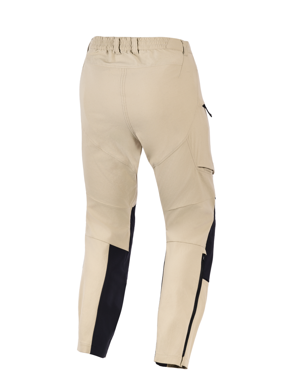 Alpinestars Stella Flex-AST Explorer damesbroek, motorfiets adventurebroek voor dames, zand en zwart, achteraanzicht met elastische tailleband, cargozakken aan de zijkant en verstevigde panelen op het onderbeen met ritsen, ontworpen voor rijden in warm weer