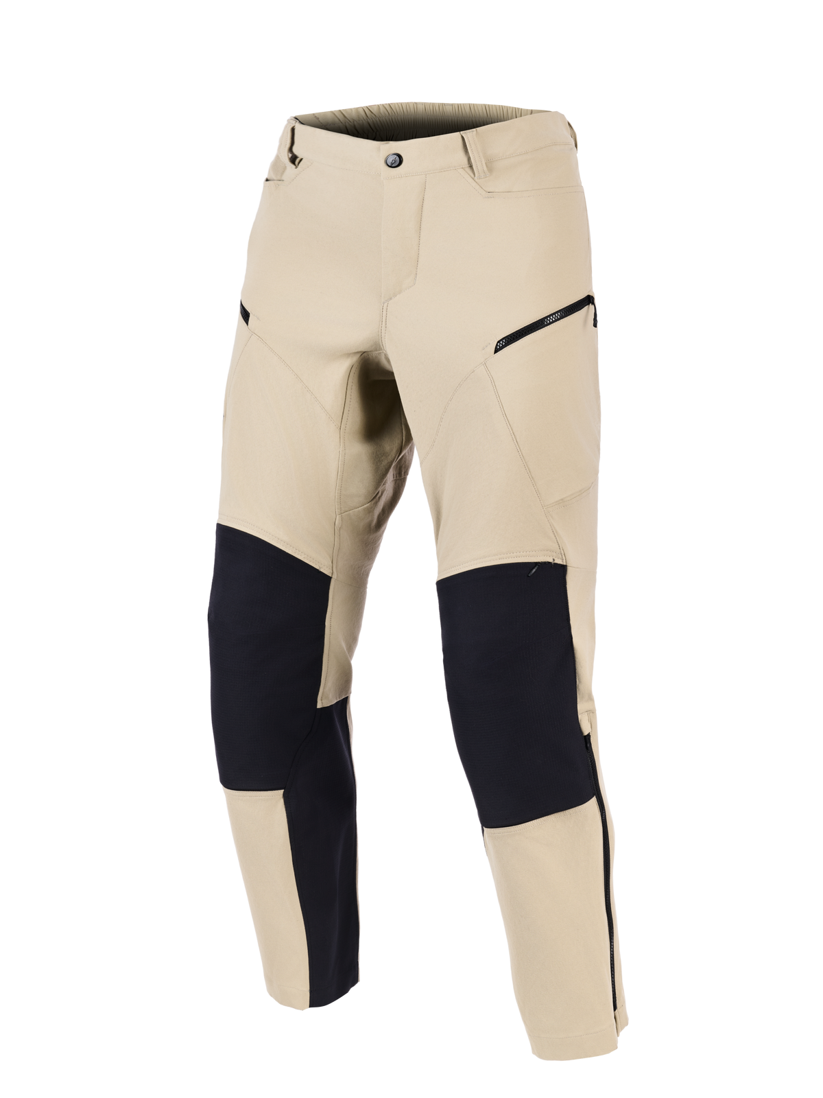 Alpinestars Stella Flex-AST Explorer Pants, dames motorbroek, zand en zwart, vooraanzicht met verstevigde zwarte kniepanelen, cargozakken met ritssluiting en een gestroomlijnd textielontwerp voor adventure touring