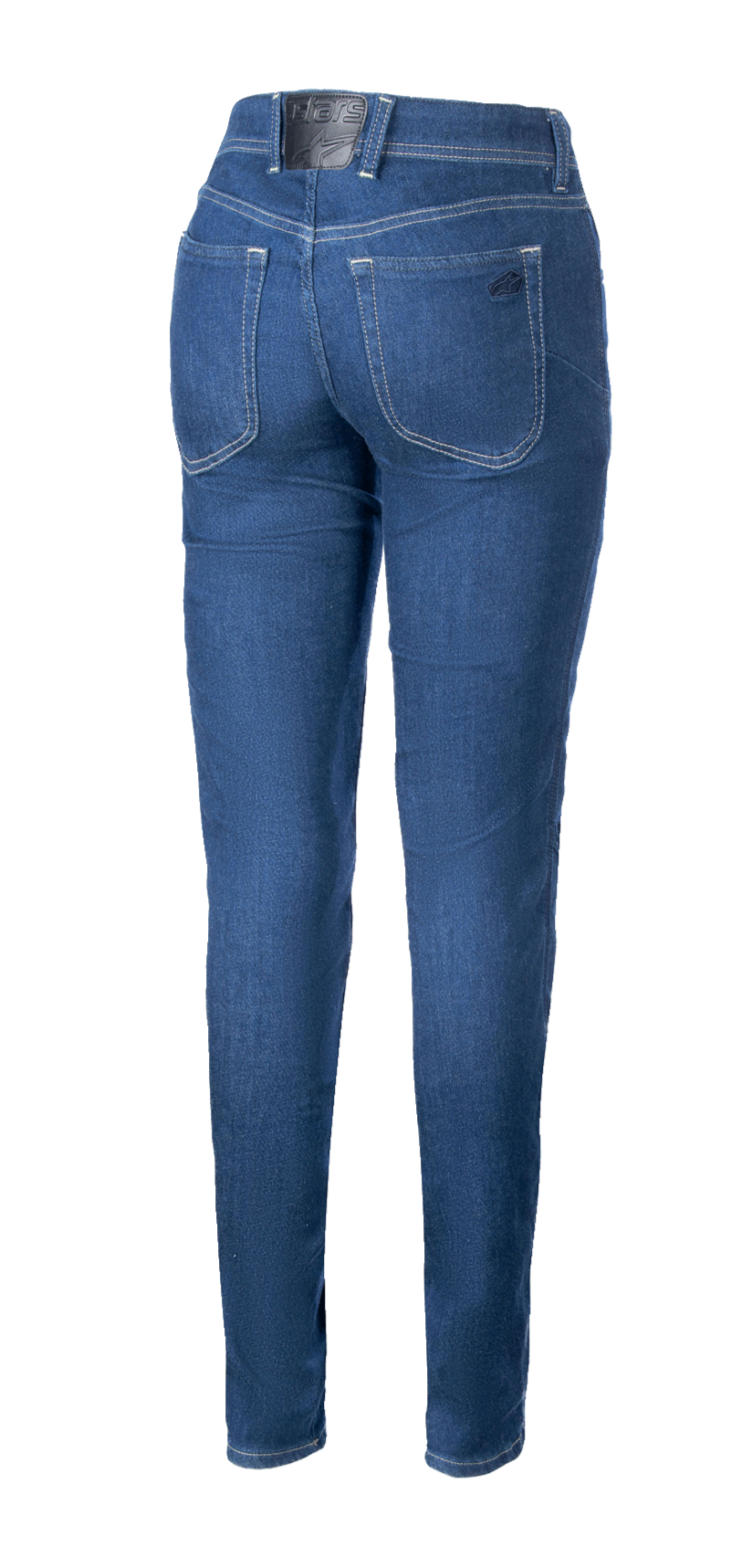 Alpinestars Daisy V3 Dames Motorjeans, Rinse Blue, achteraanzicht met slim fit pasvorm, twee achterzakken en zwarte logopatch op de tailleband, casual stedelijke motorkleding