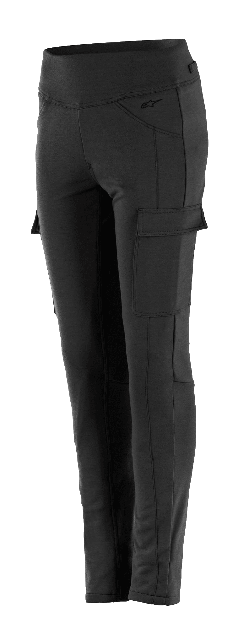 Alpinestars Women's Iria Leggings, legging de moto noir pour femme, coupe ajustée taille haute, avec poche cargo latérale à rabat, logo discret sur la hanche, construction textile durable pour la conduite urbaine