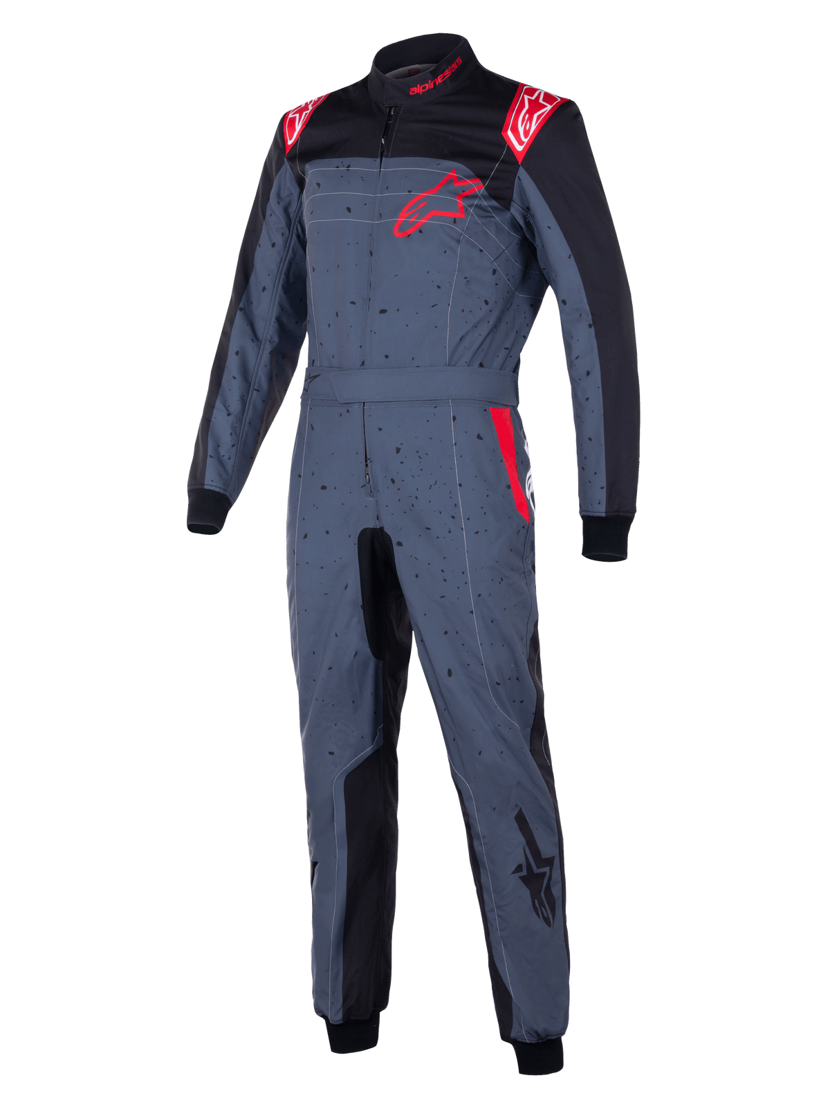 Combinaison Alpinestars KMX-9 V3 Graphic 6, combinaison de karting, gris anthracite avec des accents noirs et rouges, dotée d'un design graphique moucheté, logo étoile rouge sur la poitrine, panneaux intérieurs noirs et détails rouges aux épaules, équipement de course automobile professionnel