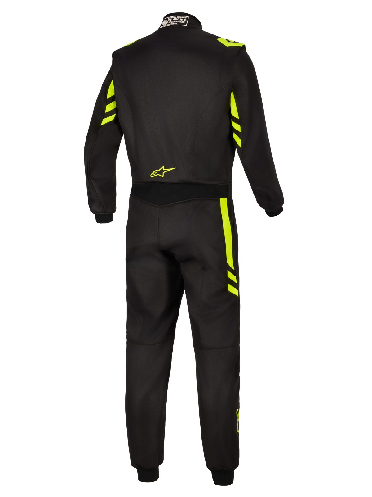 Alpinestars GP Race V3 Anzug FIA, Rennanzug, Schwarz und Neongelb, Rückansicht mit neongelben Akzenten an den Schultern und Beinen, kleines gelbes Logo am unteren Rücken und FIA-Zertifizierungsetikett am Kragen.