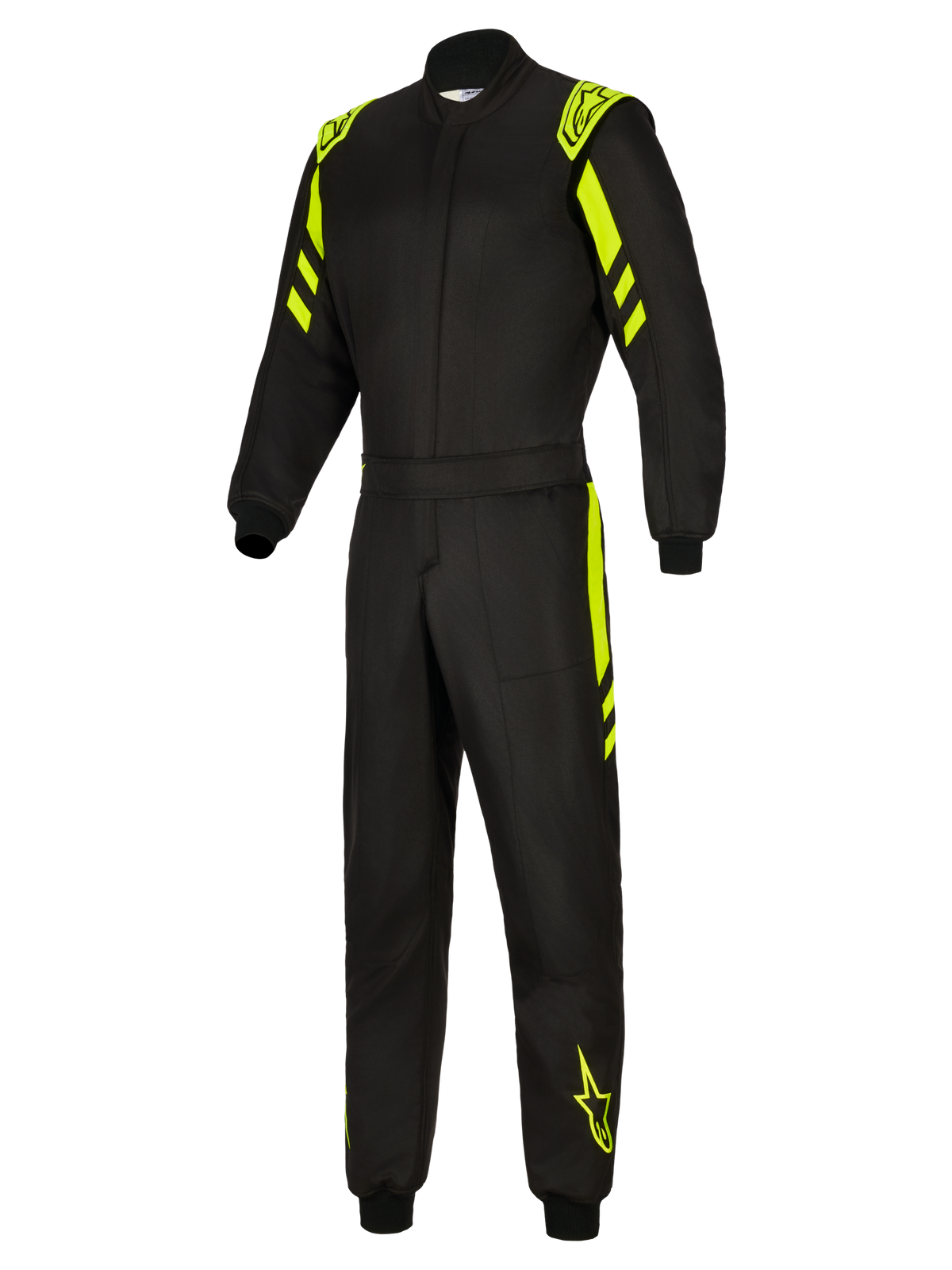 Alpinestars GP Race V3 Anzug FIA, Auto-Rennanzug, Schwarz und Fluo-Gelb, Vorderansicht in voller Länge mit fluoreszierenden gelben Details an Schultern, Armen und Beinen, professioneller feuerfester Rennanzug mit Alpinestars-Branding.