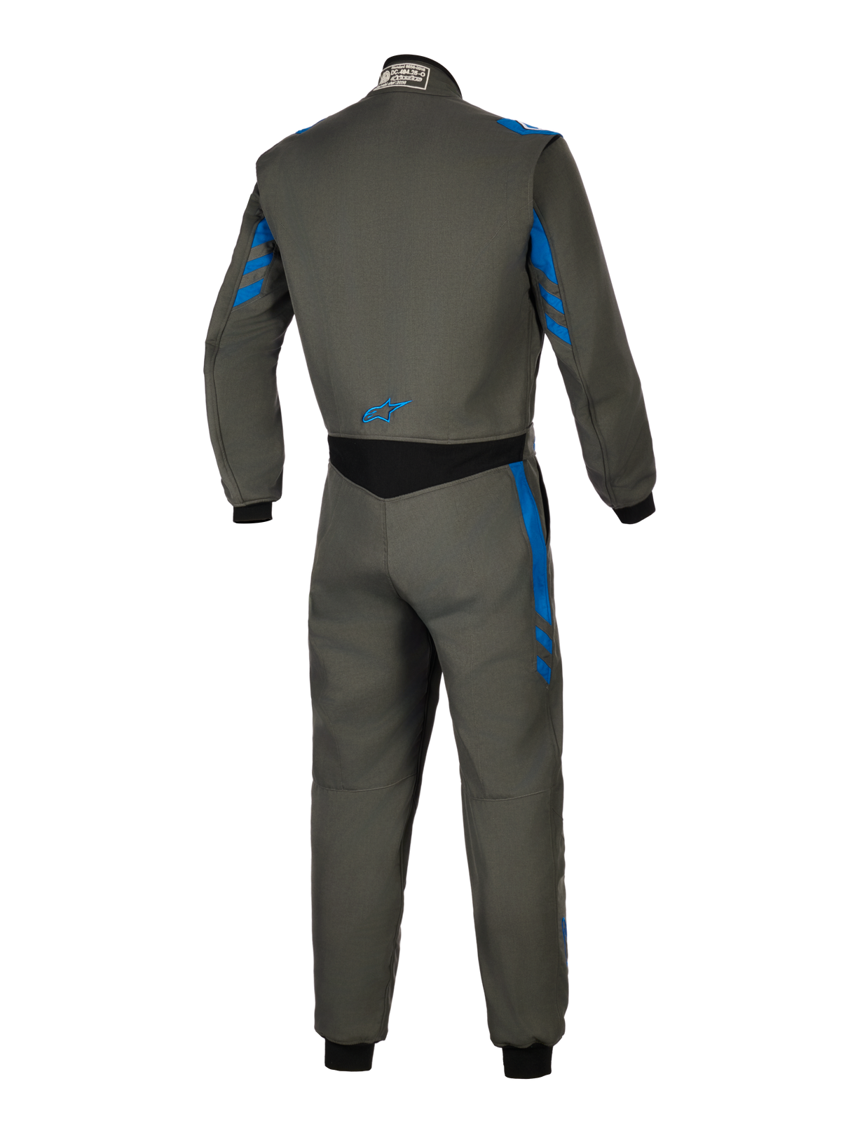 Alpinestars GP Race V3 Suit FIA, Auto-Rennanzug, Anthrazit-Blau, Rückansicht mit grauer Textilkonstruktion und blauen Streifen-Akzenten, schwarzer Stretch-Einsatz am unteren Rücken, kleines blaues Logo, professionelle Motorsport-Sicherheitsausrüstung