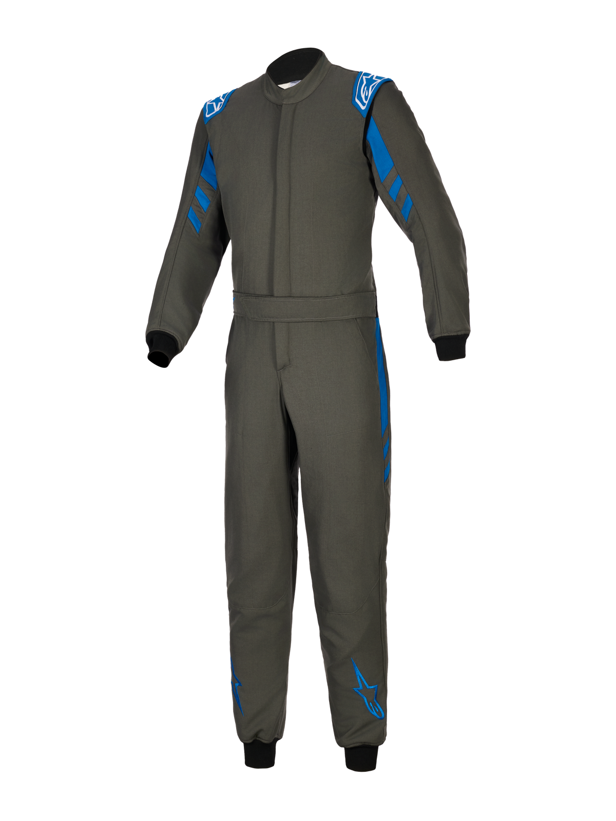 Alpinestars GP Race V3 Anzug FIA, Autorennsport-Anzug in Anthrazit-Blau, einteiliges Textildesign mit blauen Akzenten an Schultern und Beinen, weiße Alpinestars-Logos, schwarze Rippbündchen, verstellbarer Taillengürtel, professionelle Motorsport-Schutzausrüstung