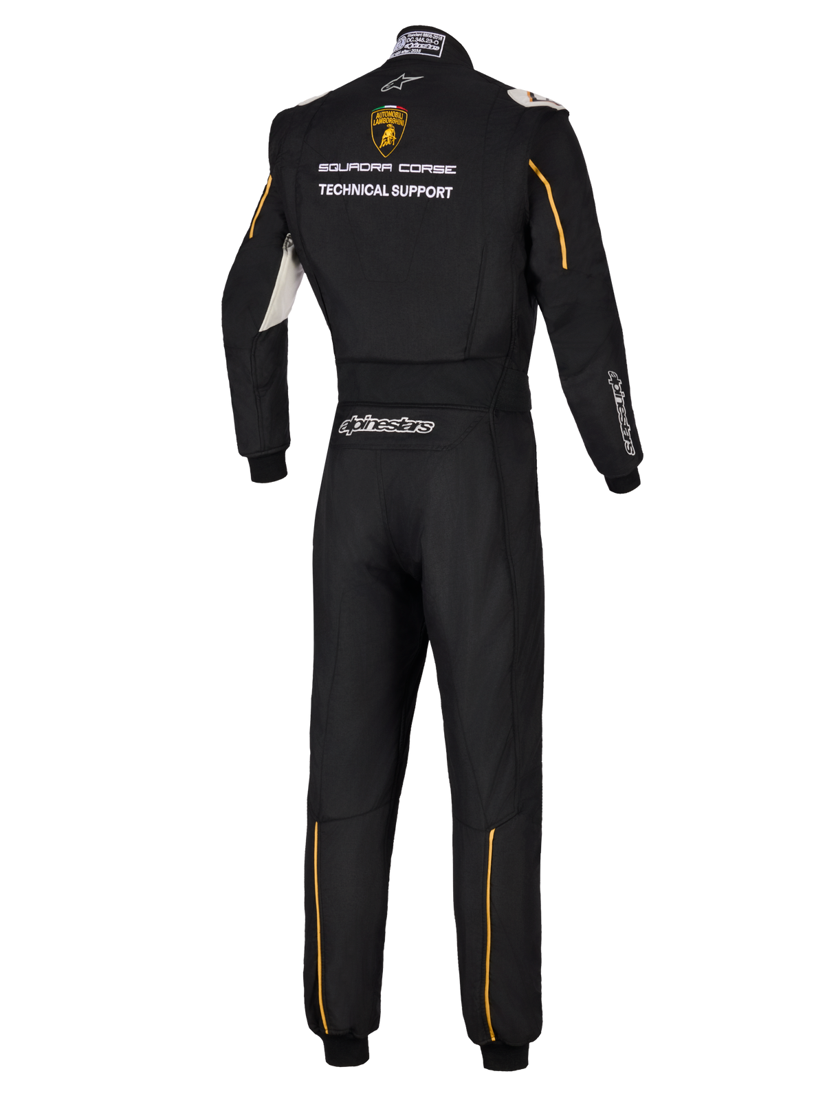 Combinaison Alpinestars Édition Limitée Lamborghini GP Tech V4 FIA, vue arrière d'une combinaison de course automobile professionnelle noire, avec le logo Lamborghini Squadra Corse et le texte Technical Support, accents dorés et logos Alpinestars argentés.