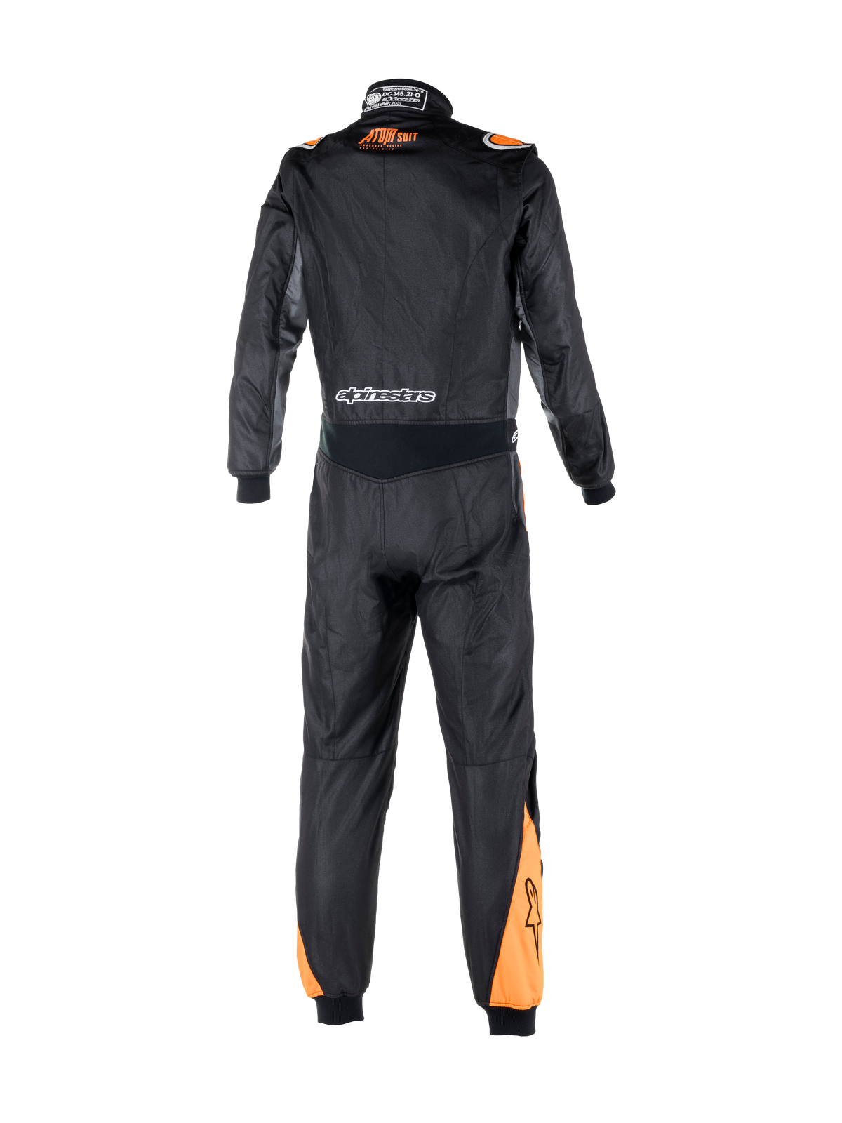 Alpinestars Atom Graphic pak, FIA-gecertificeerd eendelig autoracepak, zwart en fluo-oranje, achterzijde met stretchpaneel bij de taille, merklogo's en vlamwerende aramideconstructie.