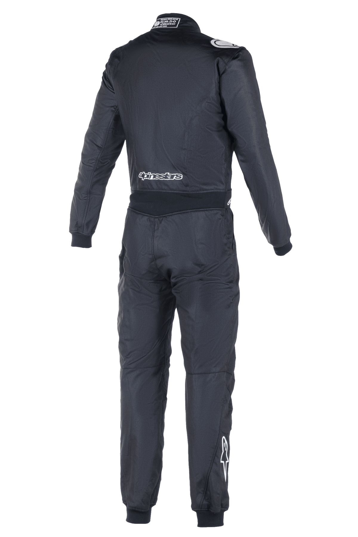Alpinestars Atom FIA Suit, Auto Racing Suit, Rear View in Black, featuring white Alpinestars branding on the lower back and right calf, FIA homologation label on the collar, sleek one-piece textile construction for professional motorsport safety