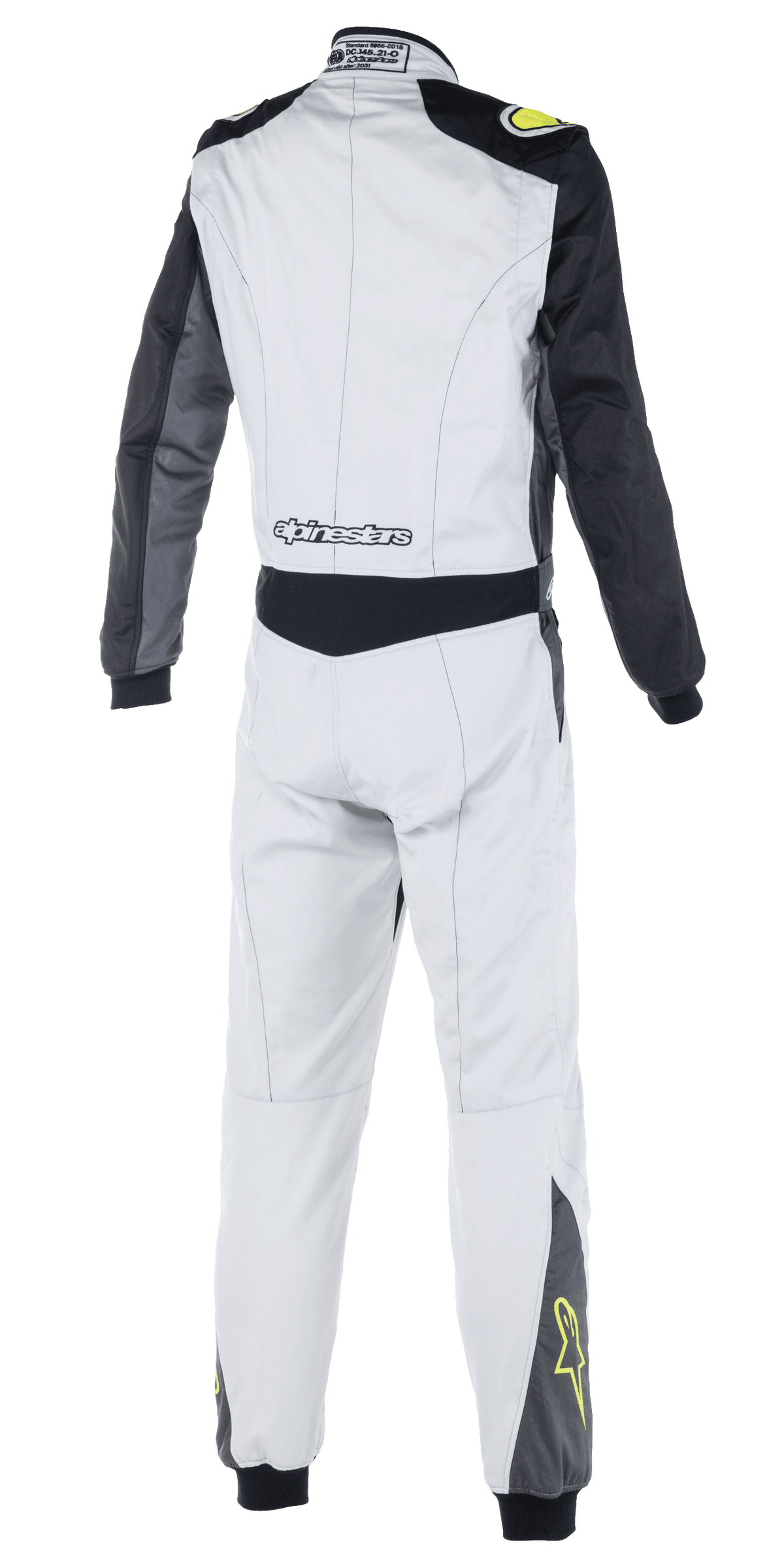 Combinaison Alpinestars Atom FIA, combinaison de course automobile, argent, anthracite et jaune fluo, vue arrière montrant les manches noires et le panneau à la taille, logo Alpinestars au bas du dos, logos d'étoiles jaunes au bas des jambes, équipement de sport automobile certifié FIA