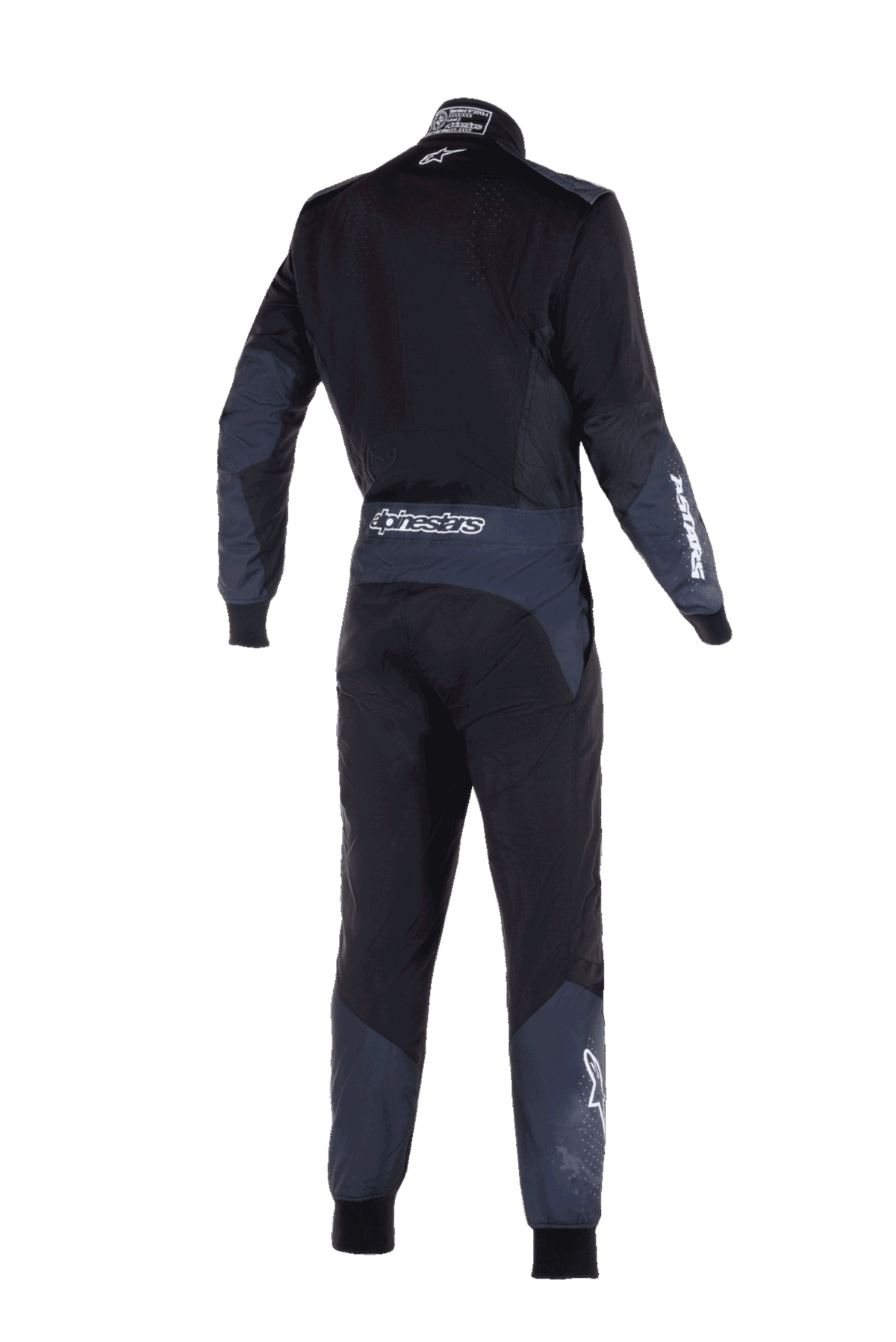 Combinaison Alpinestars KMX-5 V3, combinaison de karting, Noir et Dark Shadow, vue arrière montrant le logo Alpinestars blanc sur la taille et la manche, panneaux techniques gris foncé sur les bras et les jambes, design performant et épuré.