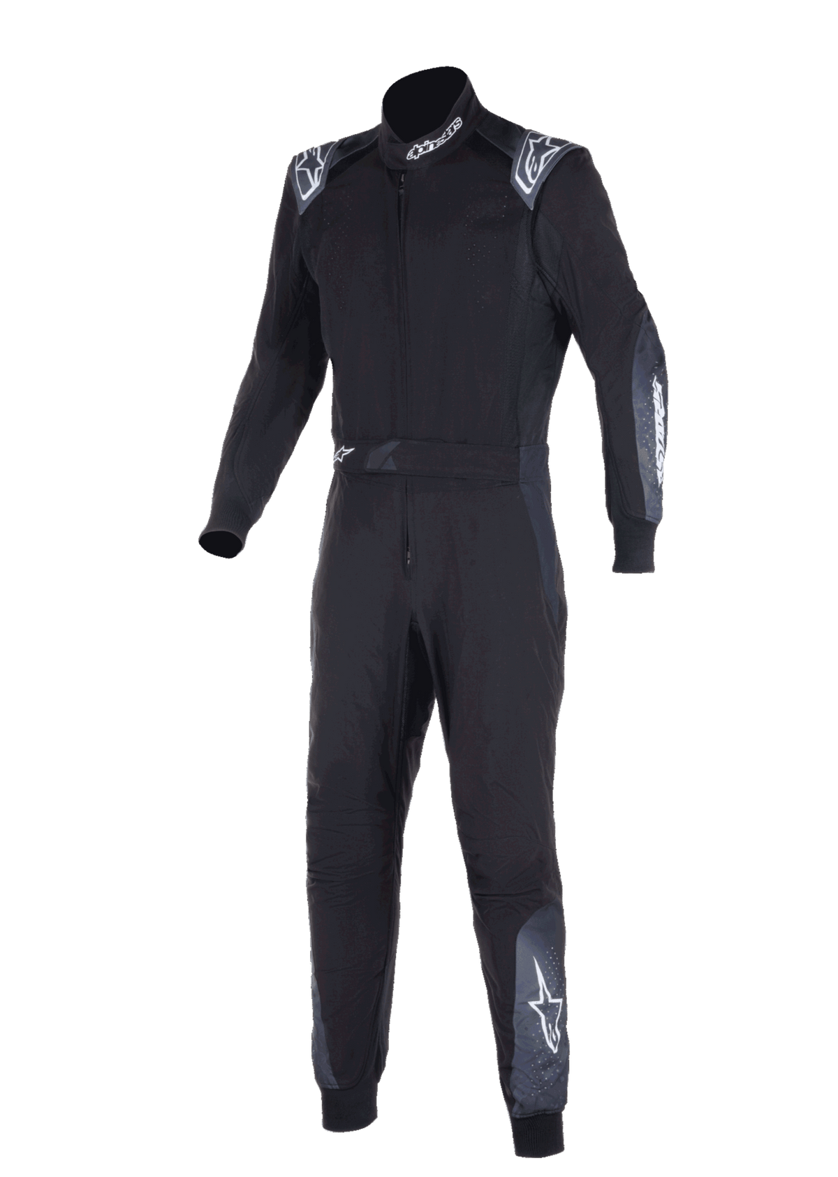Combinaison Alpinestars KMX-5 V3, combinaison de karting, noir et Dark Shadow, combinaison de course intégrale avec logos Alpinestars blancs sur les épaules, le col et les jambes, construction technique à double couche pour le karting professionnel.