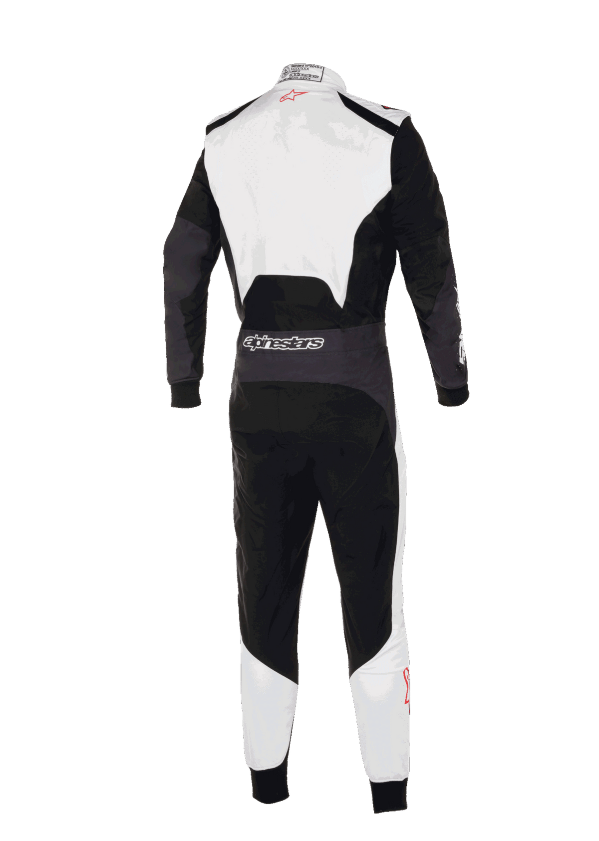 Alpinestars KMX-5 V3 Suit, back view of professional karting suit, White Black and Bright Red, featuring white upper back and lower legs with black main panels, Alpinestars branding on the rear waist, ergonomic design for competitive racing.