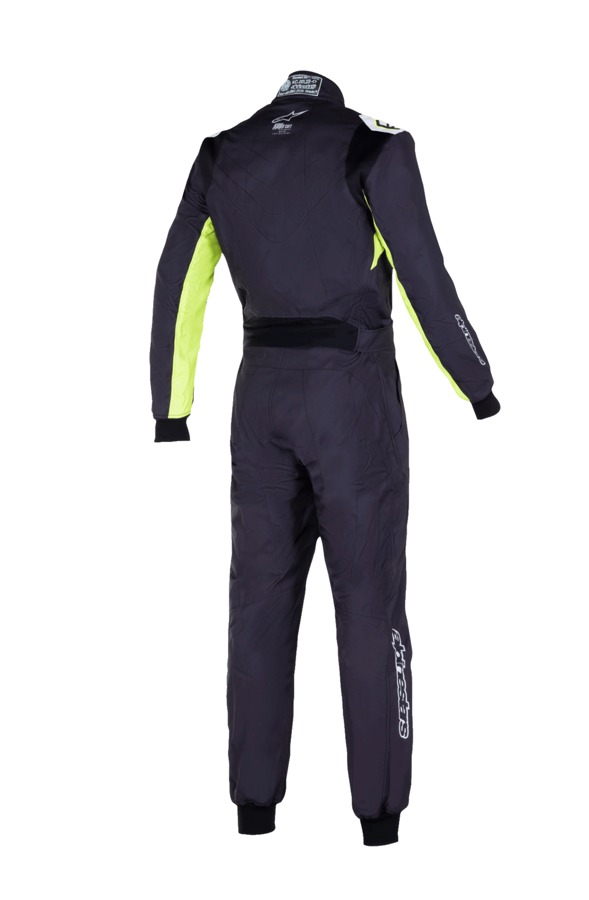 Alpinestars Jugend KMX-9 V3 Anzug Graphic 3, Jugend-Kartanzug, Schwarz und Neongelb, Rückansicht des einteiligen Rennanzugs mit Stretcheinsätzen am Rücken und an den Schultern, fluoreszierende gelbe Akzente an den Ärmelinnenseiten und Alpinestars-Branding am Kragen und Unterschenkel