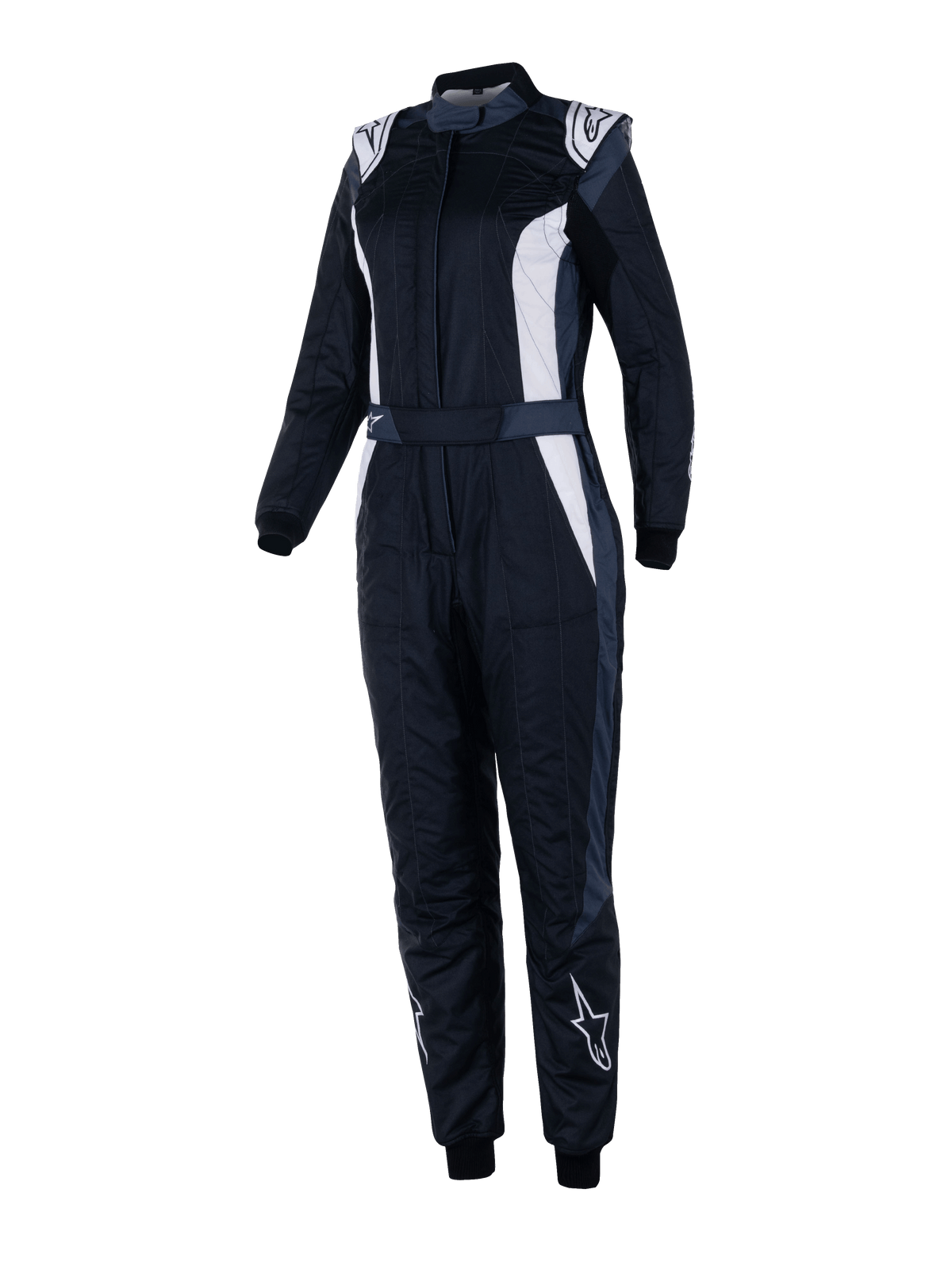 Combinaison Alpinestars Stella GP Pro Comp V2, combinaison de course FIA pour femme, noir, asphalte et blanc, manches longues avec col montant, logos blancs sur les épaules et les tibias, ceinture réglable, poignets élastiques, design aérodynamique pour la compétition automobile professionnelle