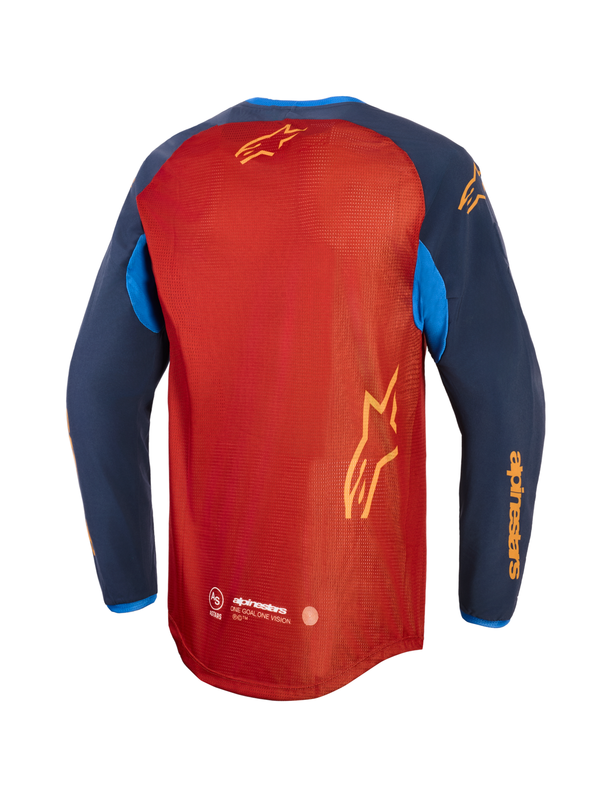 Alpinestars Maxdura Dual Jersey, maillot de moto aventure, brun rouille et indigo avec des accents bleu vif, vue de dos montrant le torse entièrement en maille, l'ourlet arrière allongé et le marquage Alpinestars jaune sur les manches et le dos
